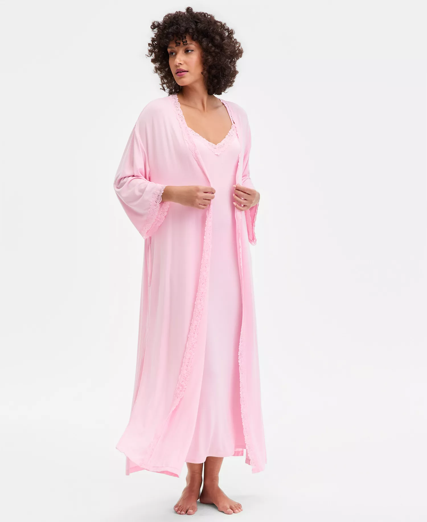 Women's Lace-Trim Knit Robe, Exclusively at Macy's - Orchid Pink - L