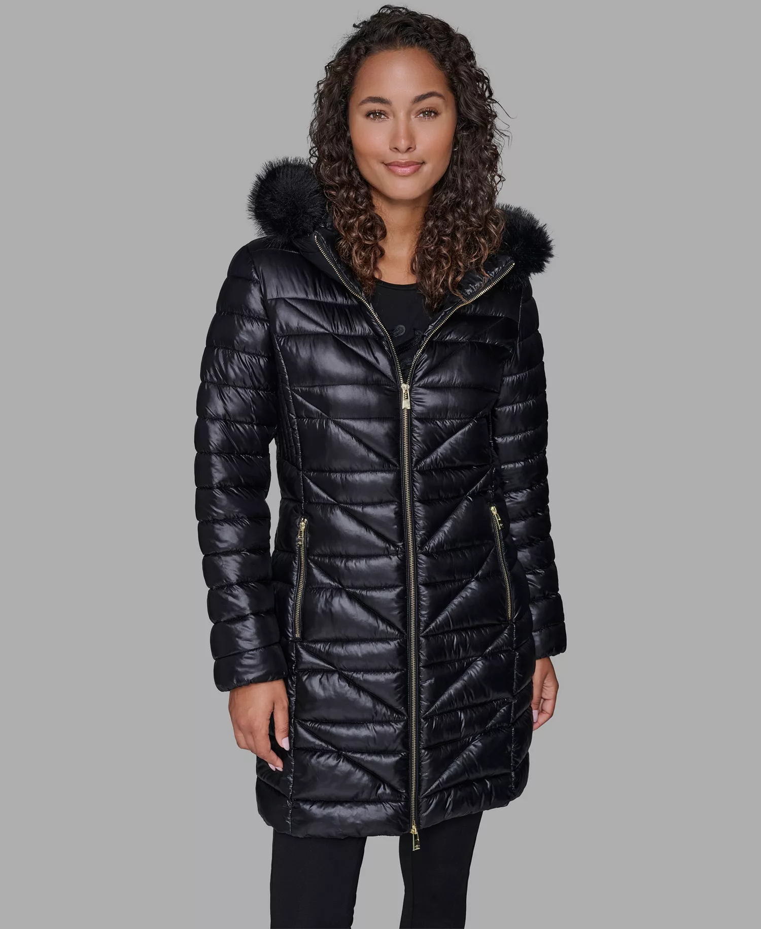 Women's Long Puffer Coat - Black - L