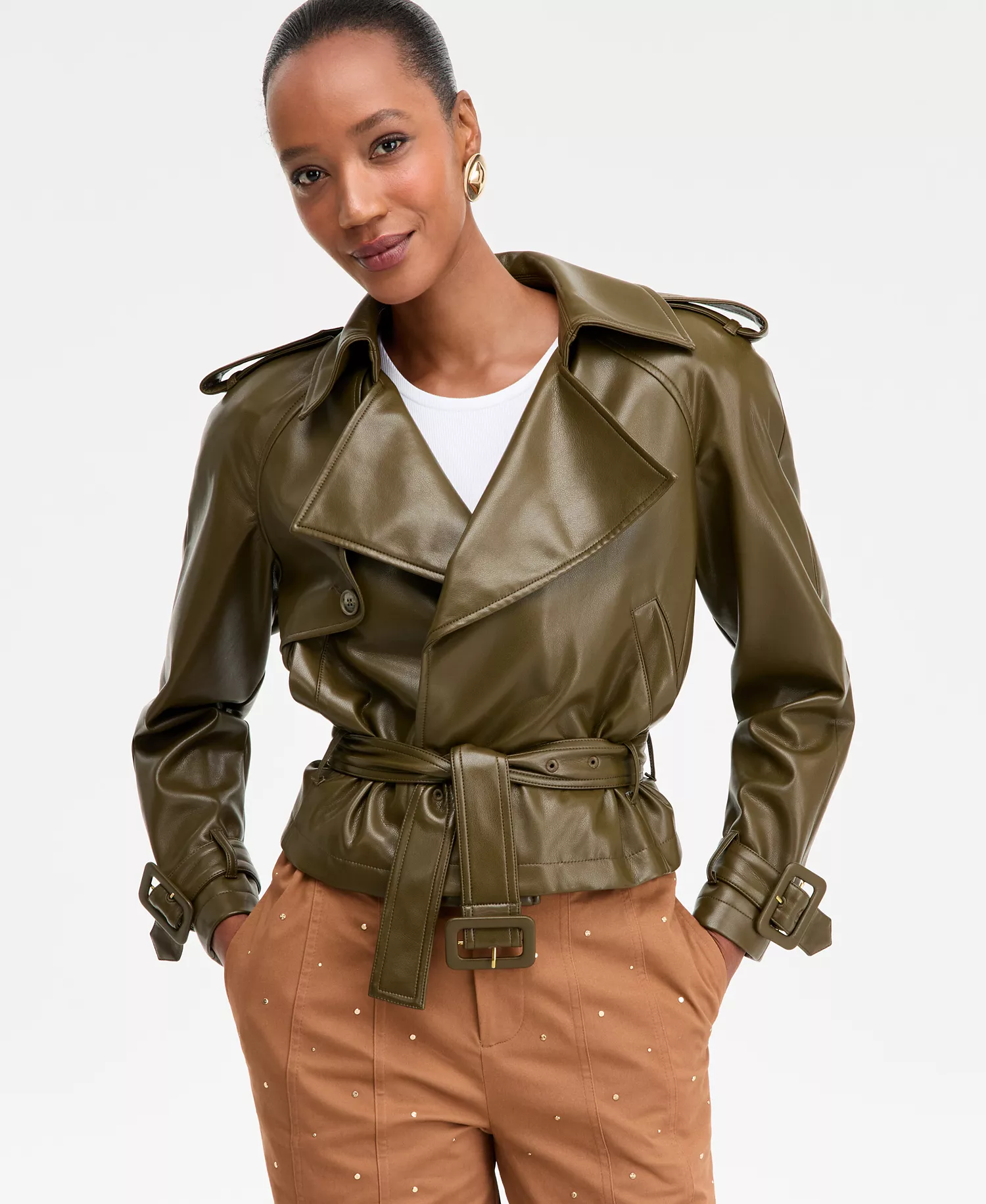 Women's Faux-Leather Biker Jacket, Macy's Exclusive  - Dark Olive - L