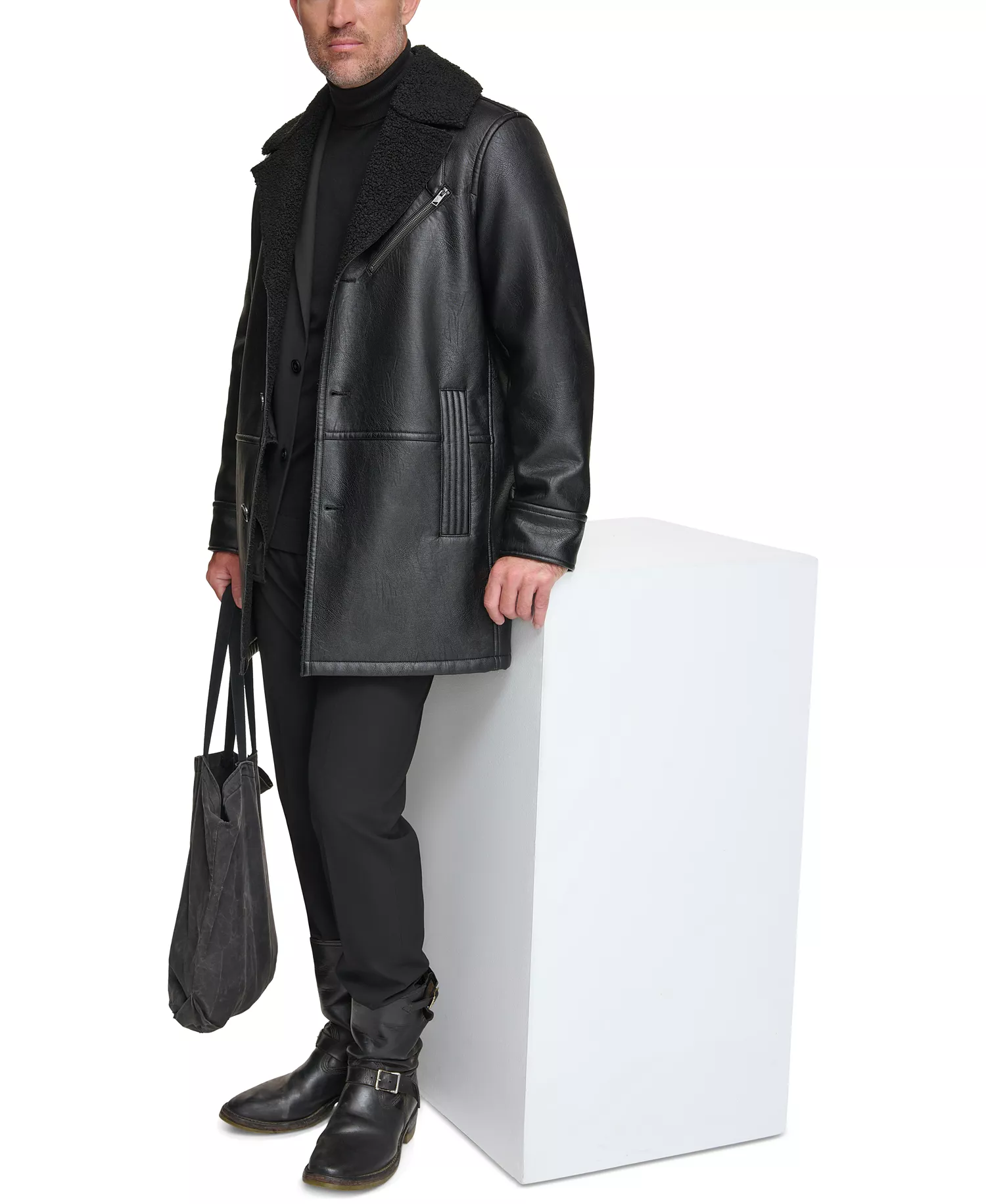 Men's Condore Faux-Shearling Top Coat - Black - S