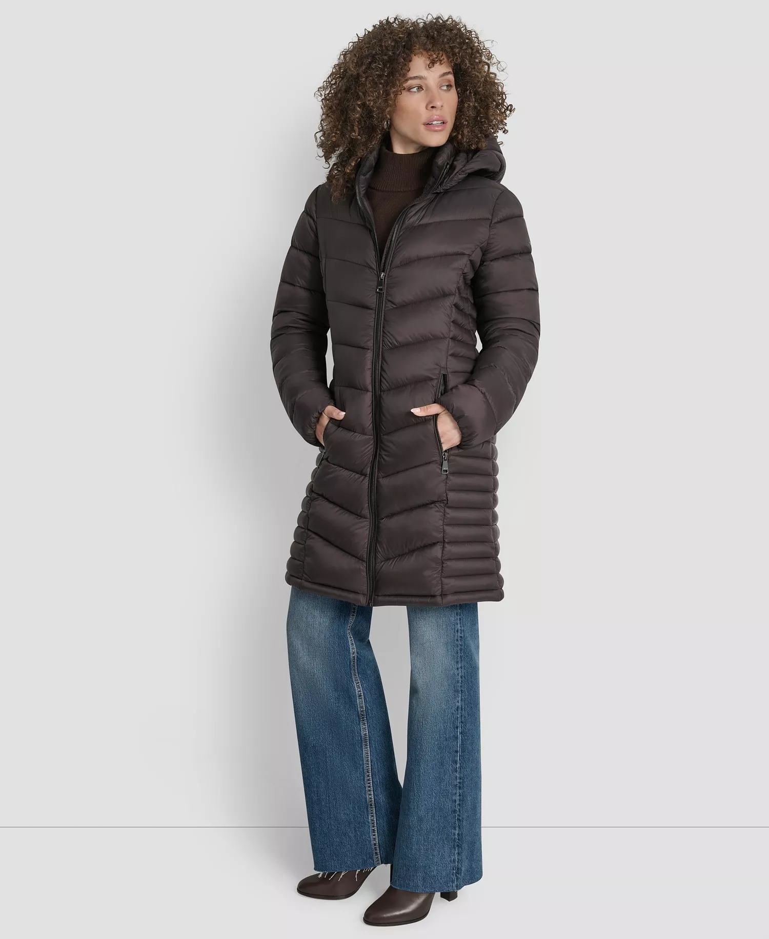 Women's Zip-Front Long Coat - Bitter - L