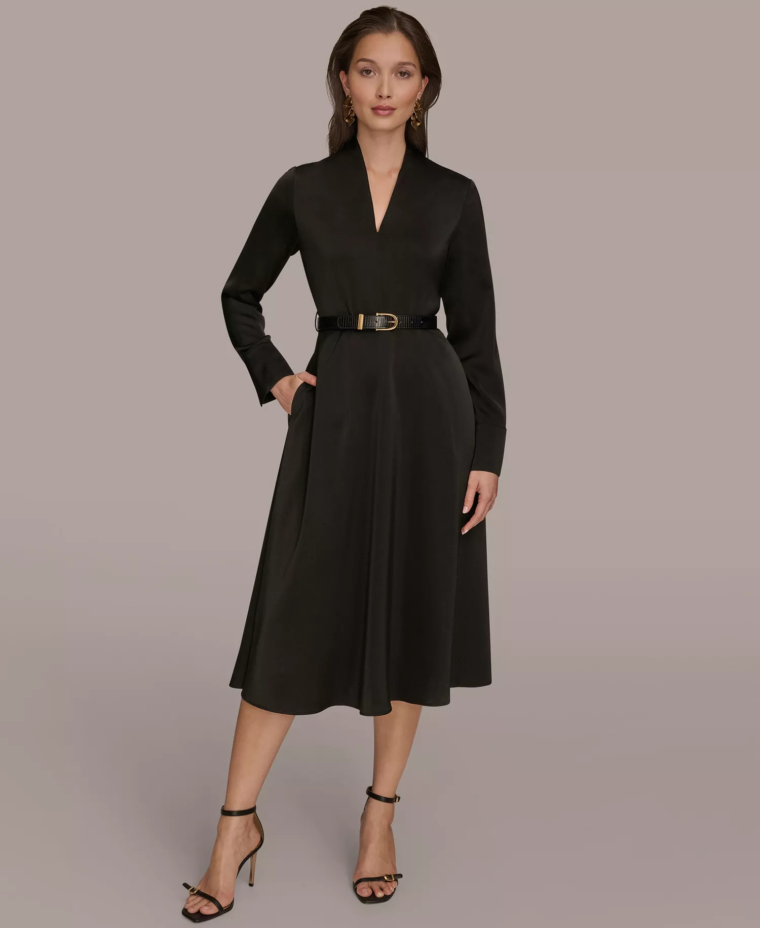 Women's Satin V-Neck Belted A-Line Midi Dress - Black - 4