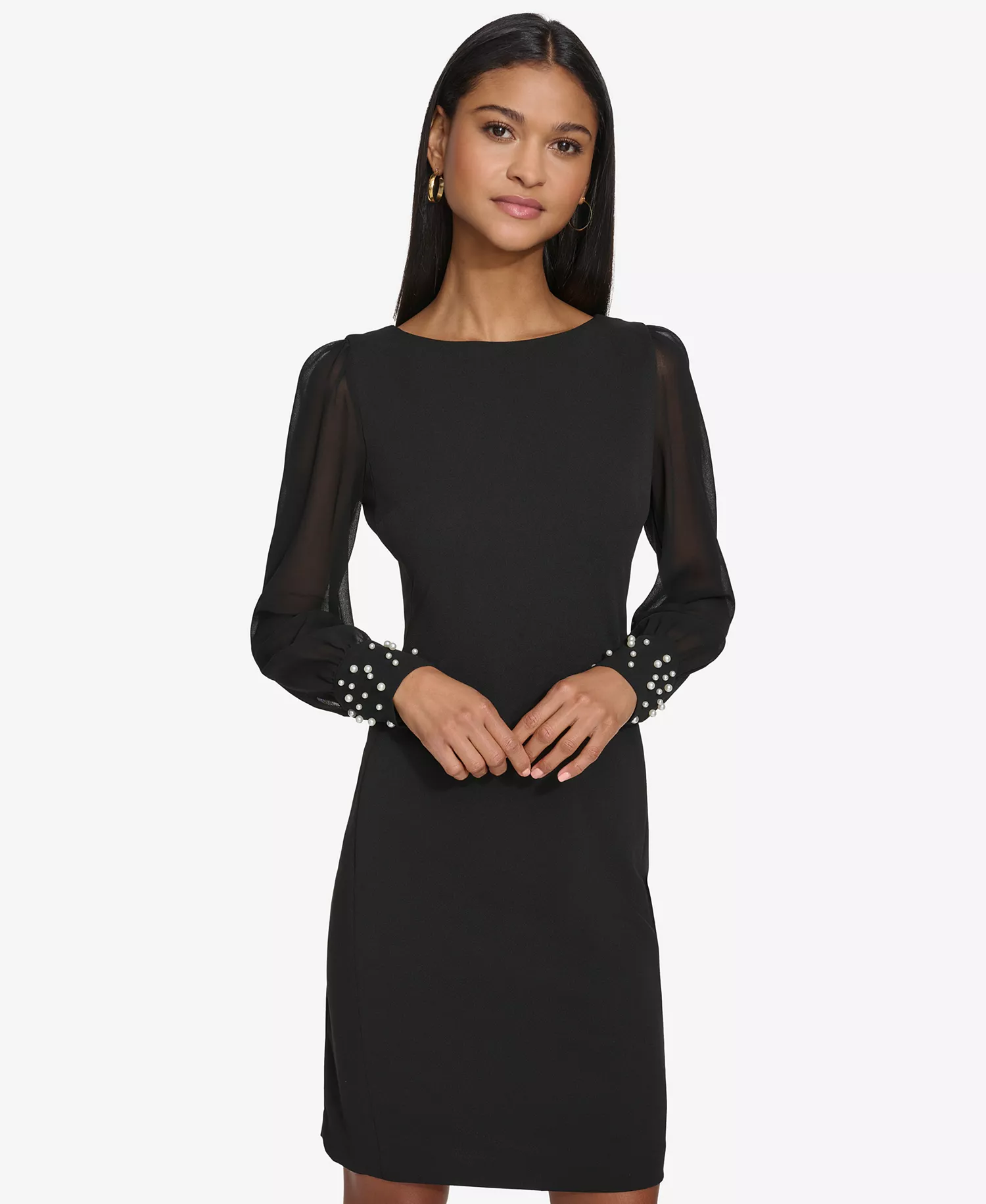 Women's Illusion-Sleeve Beaded-Cuff Dress - Black - 6