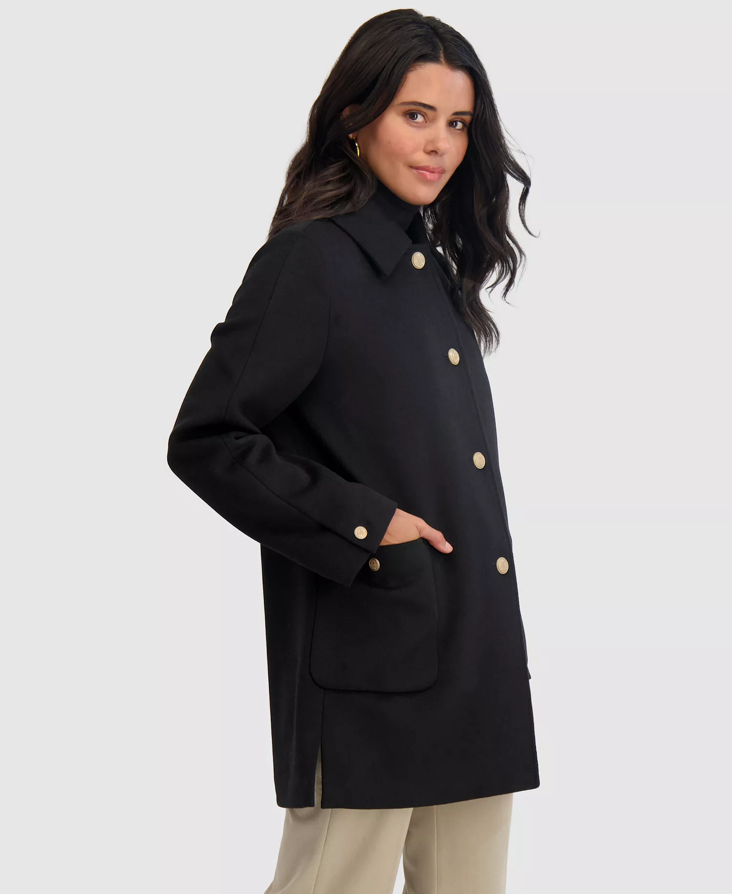 Women's Collared Single-Breasted Coat - Black - L