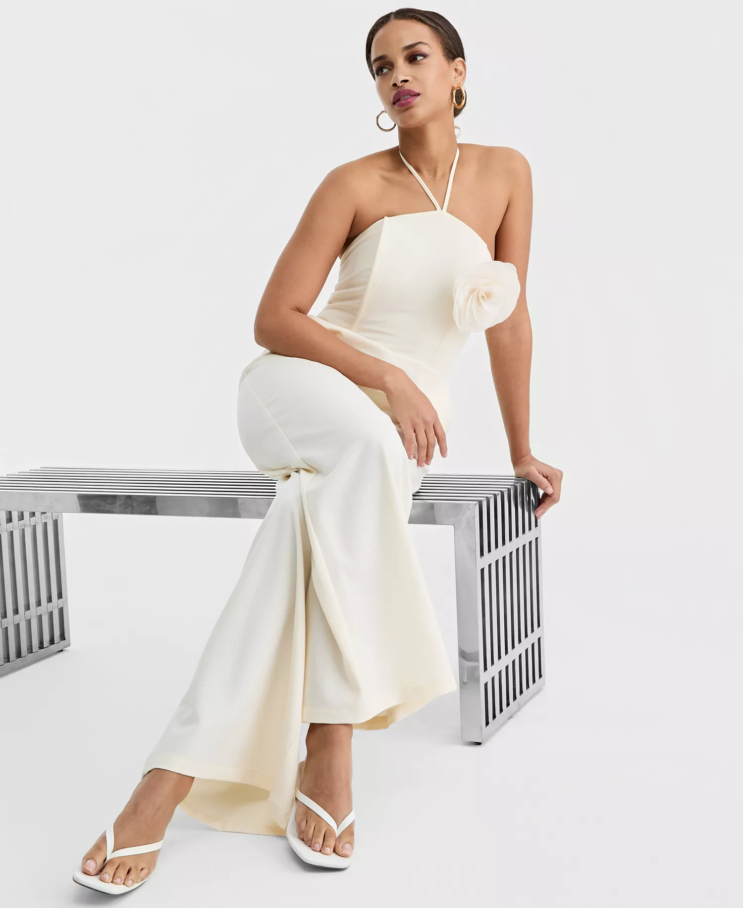 Women's Rosette Halter Neck Wide-Leg Jumpsuit, Macy's Exclusive - Eggnog - M