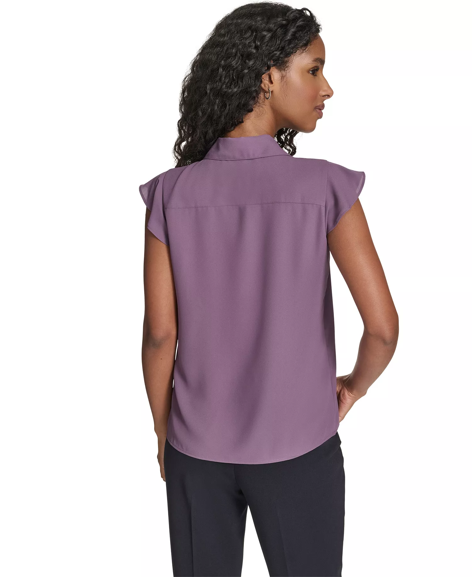 Petite Solid Cap Sleeve Ruffle Front Top - Winter Plum - P/XS