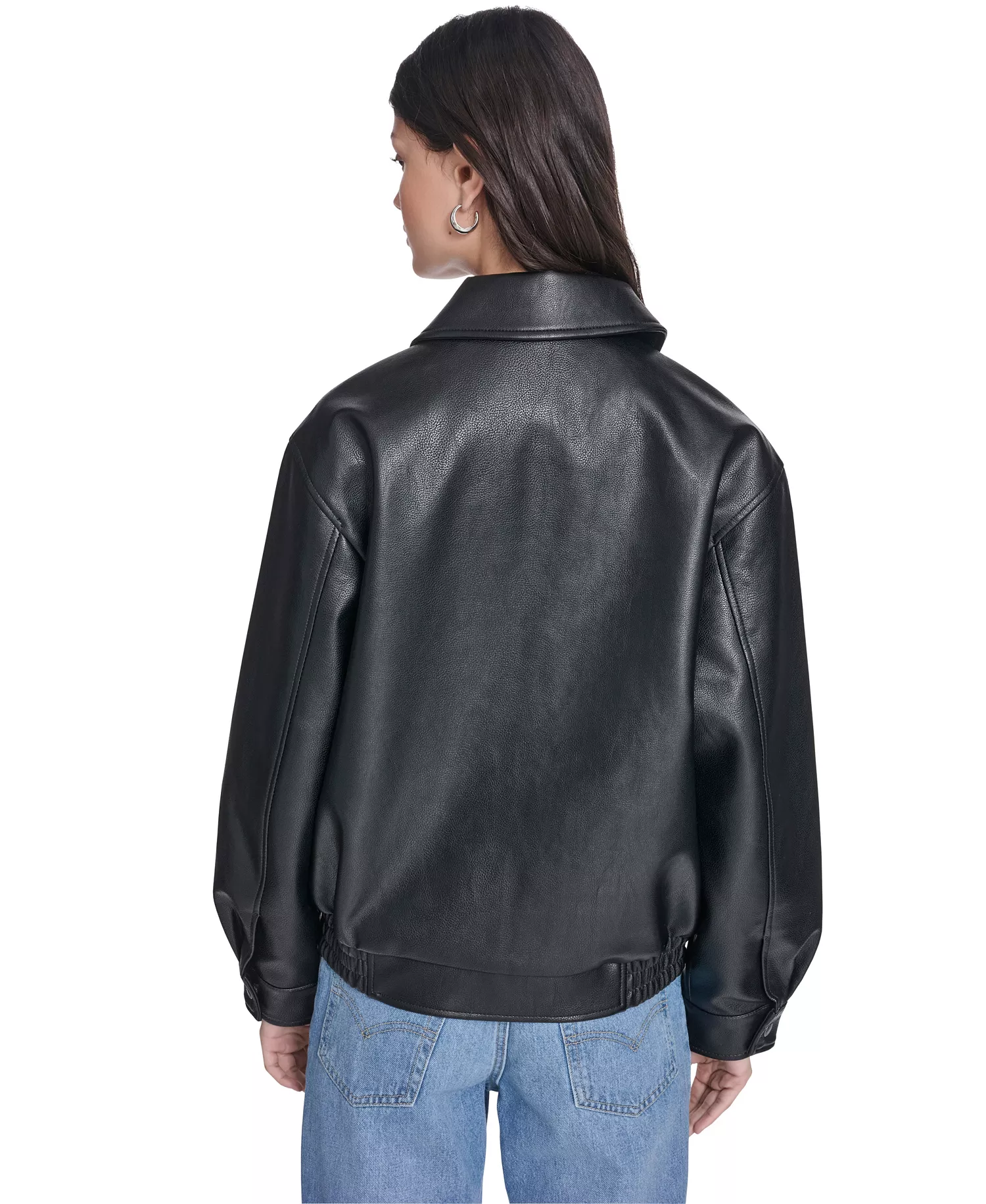 Women's Faux Leather Relaxed-Fit Bomber Jacket - Black - L