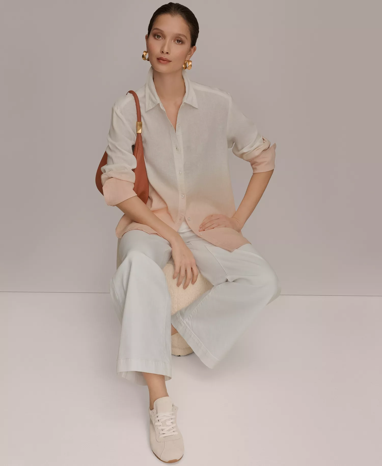 Women's Linen Dip Dye Long-Sleeve Button-Front Shirt - Snow Petal Dip Dye - L