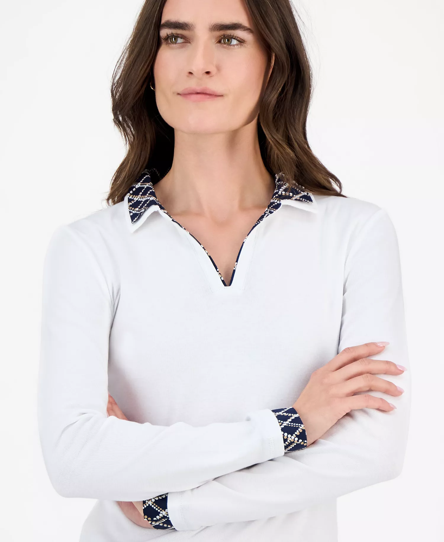 Nautica Women's Double-Collar Long-Sleeve Top - Bright White - L