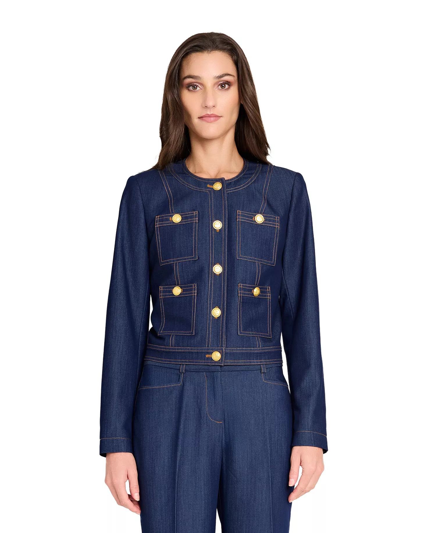 Women's Collarless Button Front Denim Cropped Jacket - Dark Denim - 2