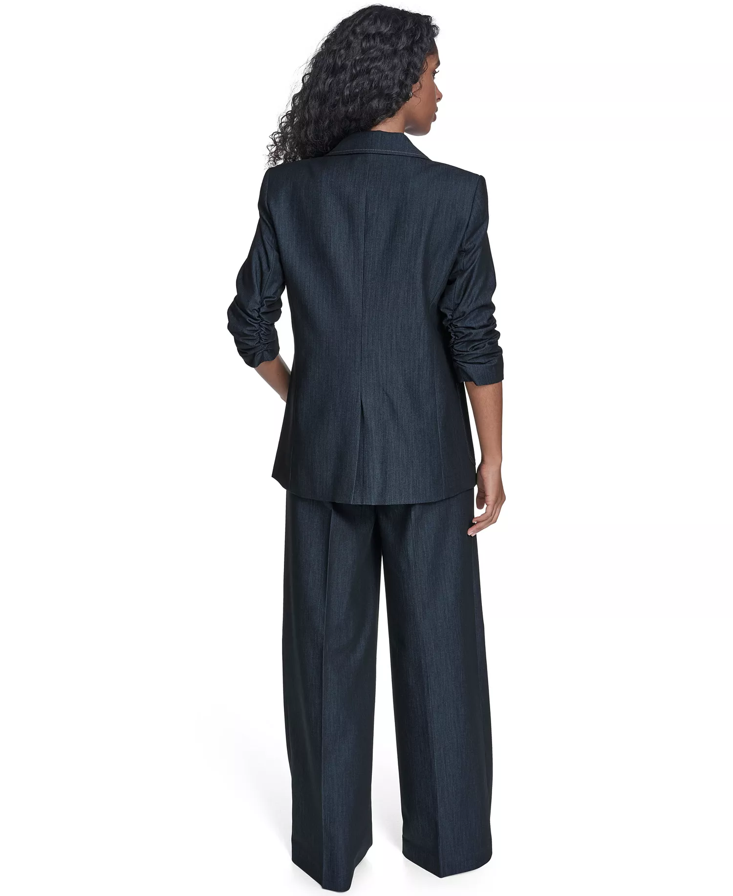 Women's Faux Denim 3/4-Sleeve Jacket, Denim Wide Leg Pants, and Textured Short-Sleeve Sweater - Indigo - 10