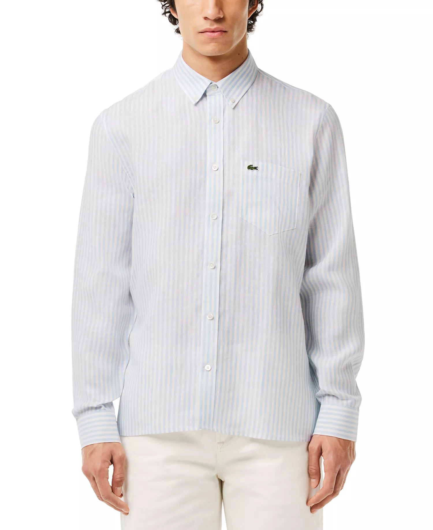 Men's Long Sleeve Striped Button-Down Linen Shirt - E7B - Panorama/Blanc - 38