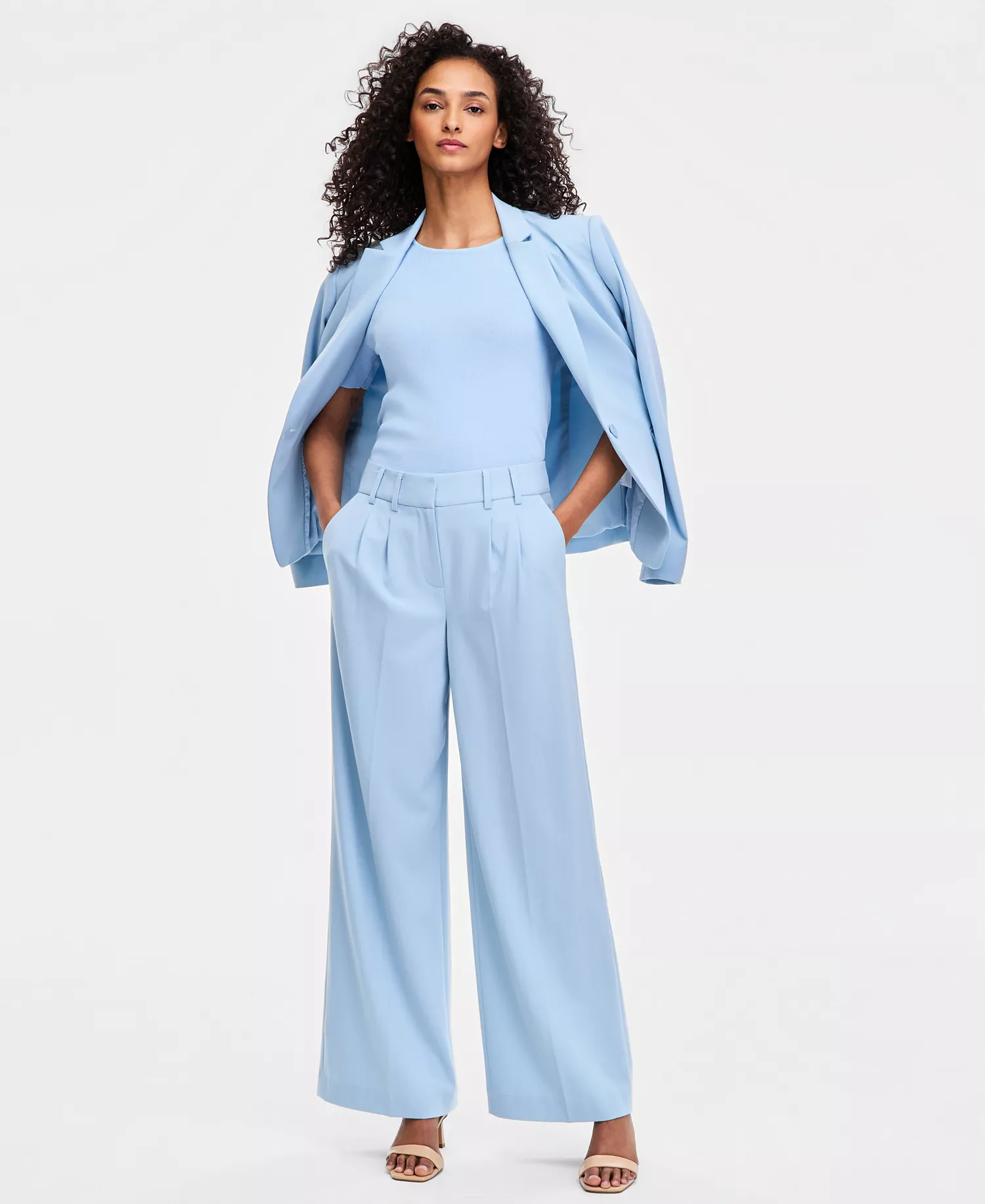 Petite Pleat Front Wide-Leg Pants - Ice Blue - 10P