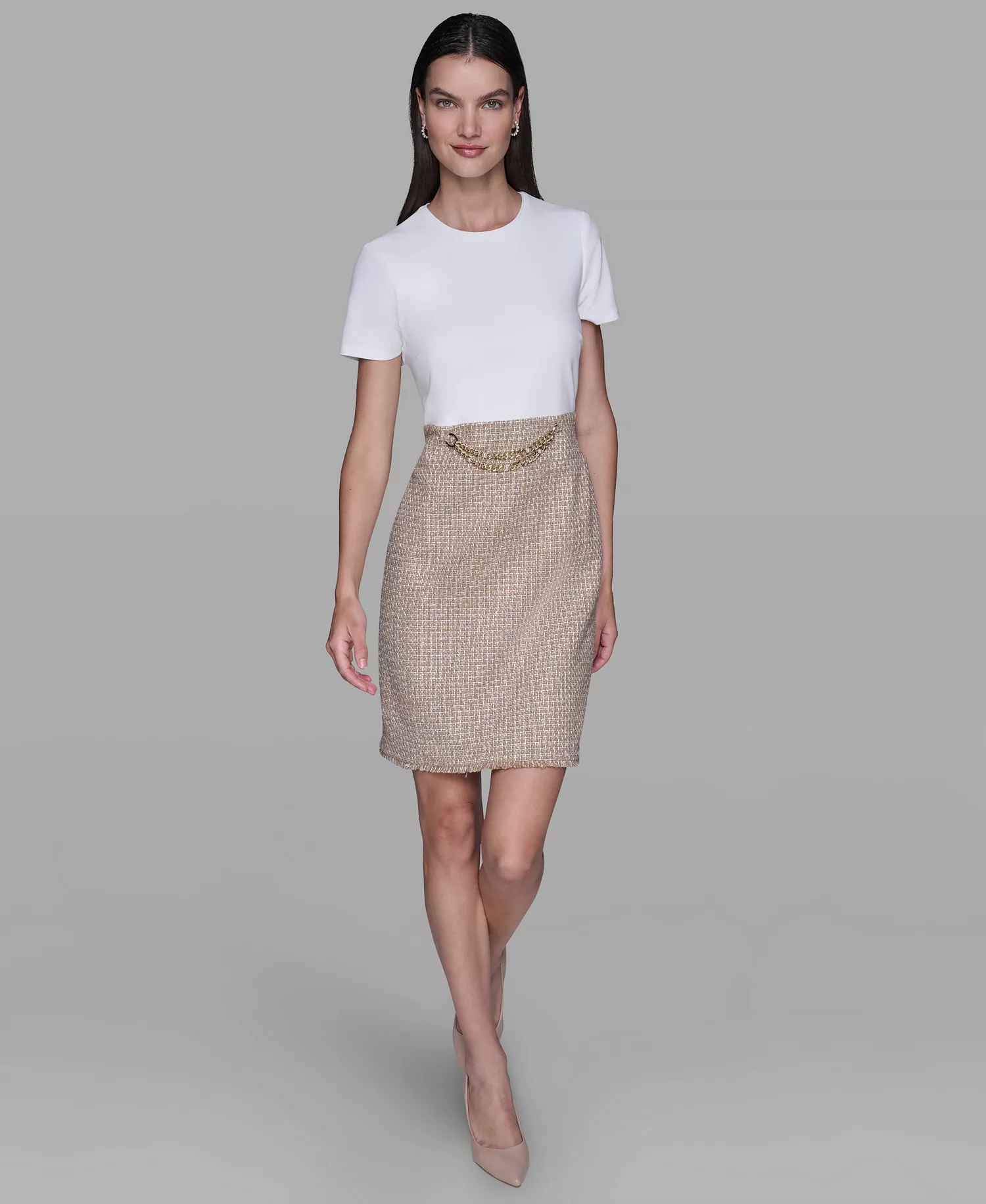 Women's Crew Neck Tweed Dress - Soft White/ Khaki - 10