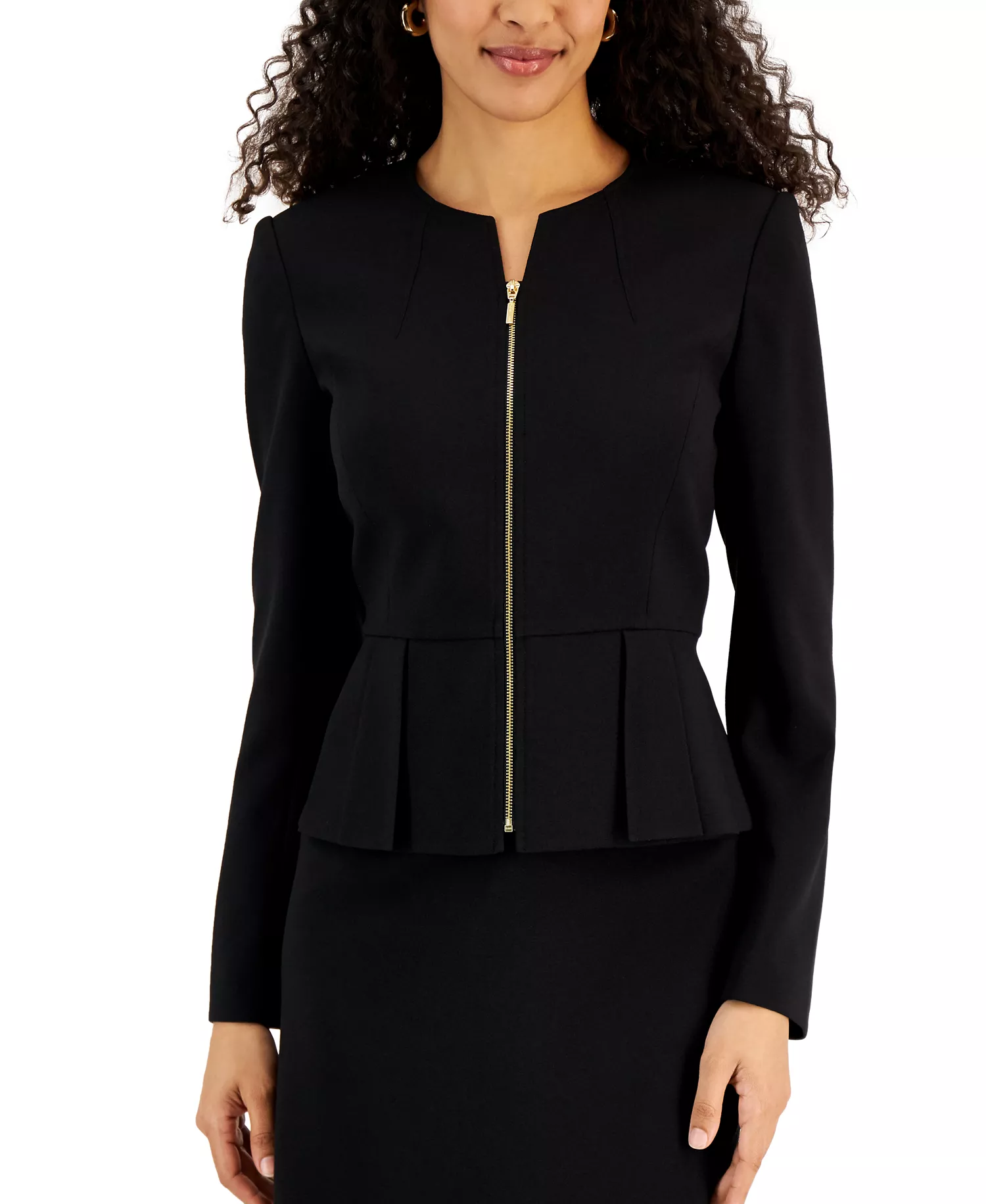 Zipper Jacket Skirt Suit Set - Black - 10