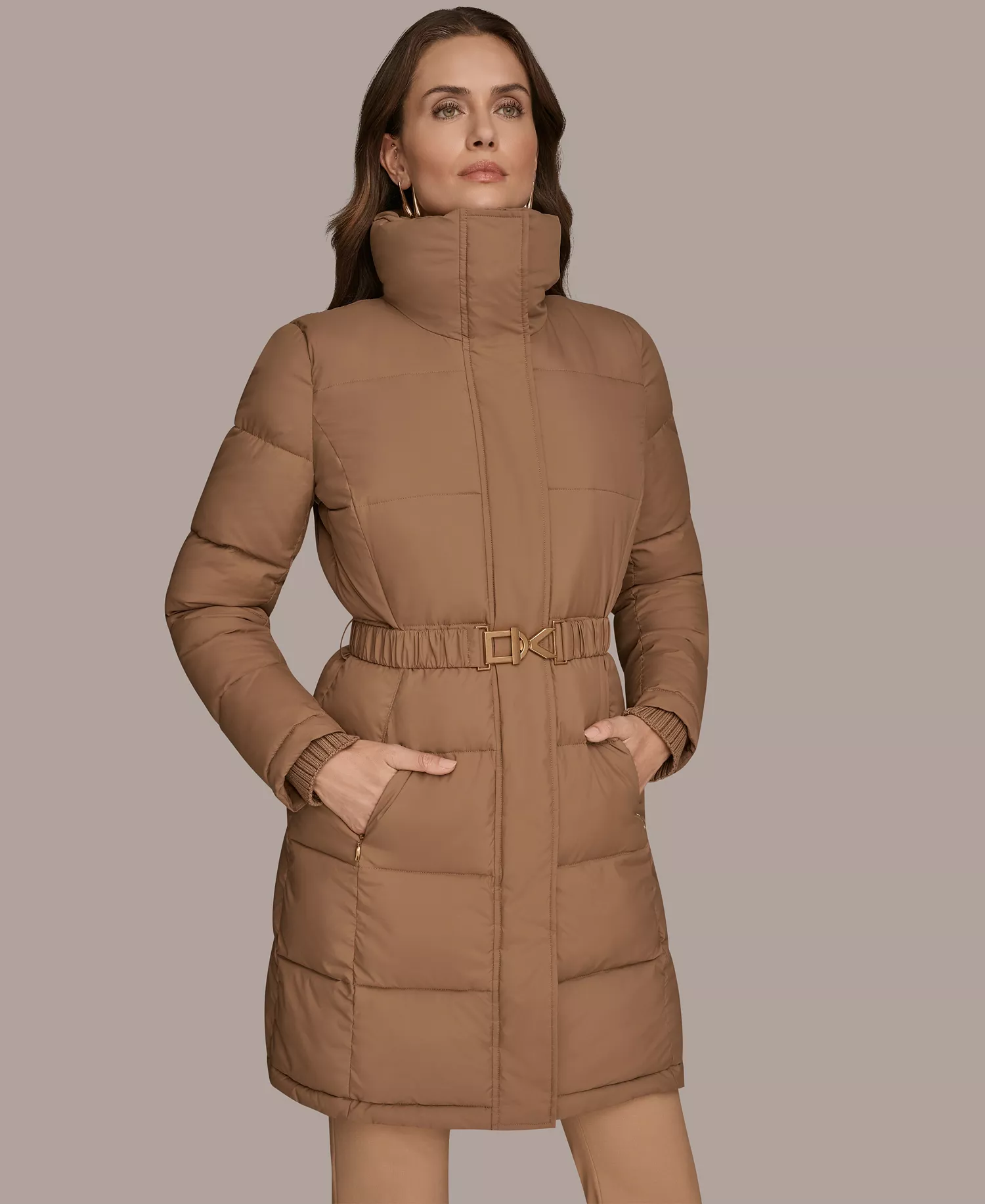Women's Belted Bibbed Puffer Coat - Antiq gold - L