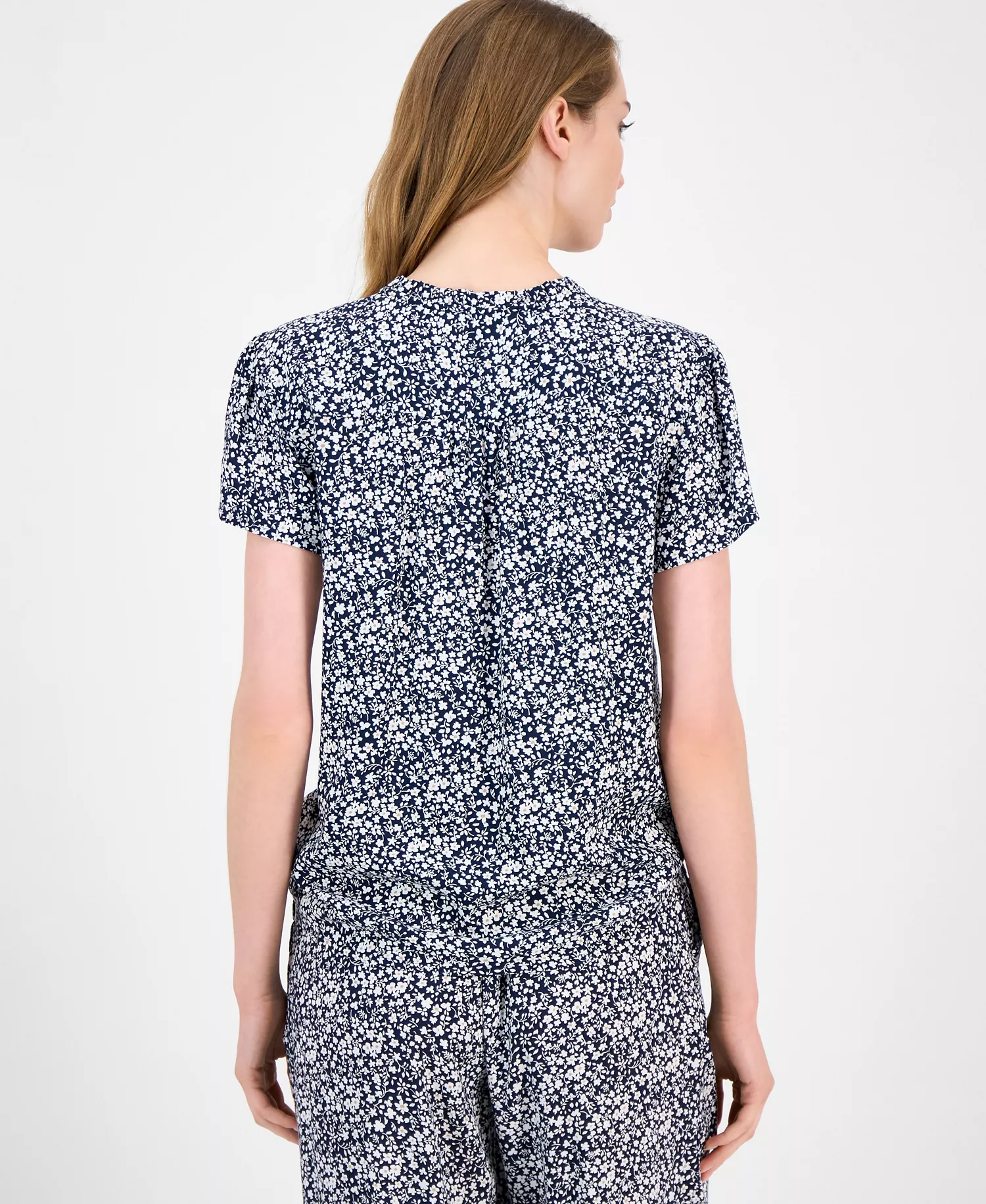 Women's Floral Lace-Up Short-Sleeve Blouse - Sky Captain Multi - L