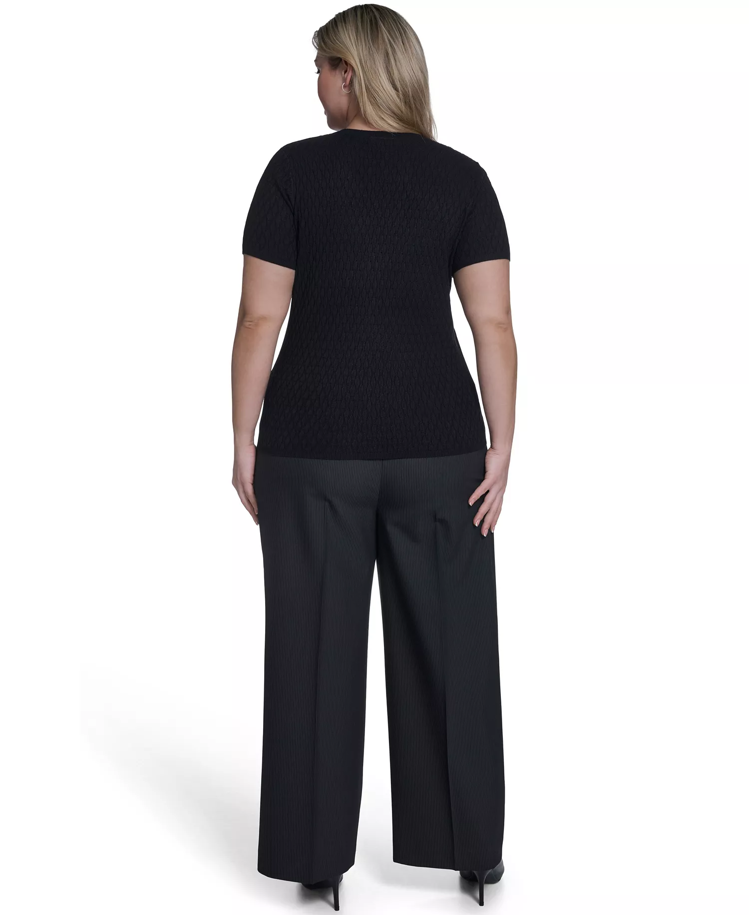 Plus Size Short-Sleeve Crew Neck Sweater - Black - 1X