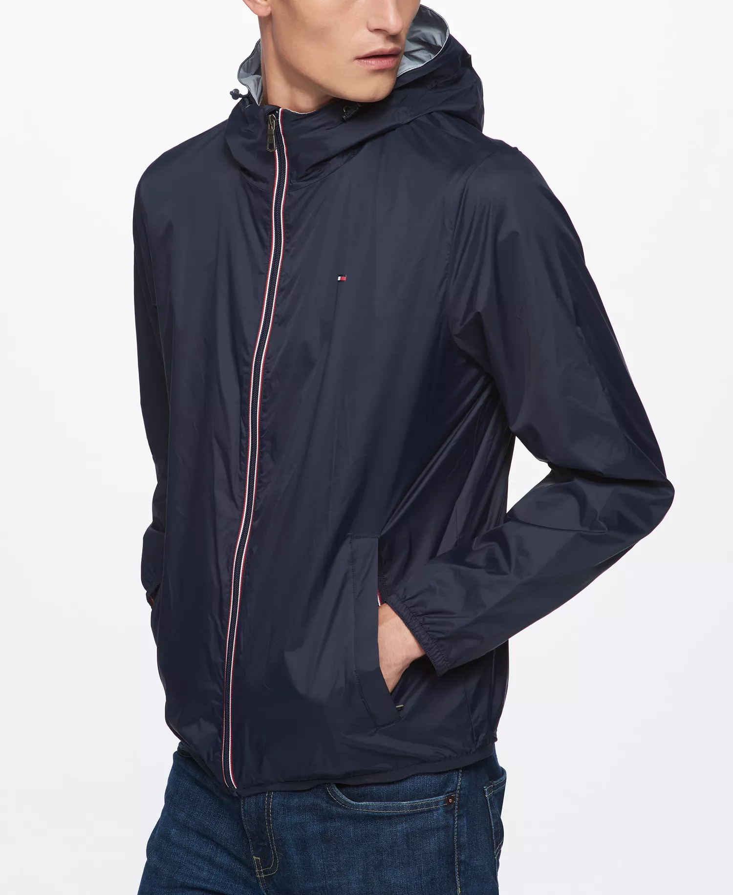 Men's Zip-Front Hooded Nylon Windbreaker - Navy - L