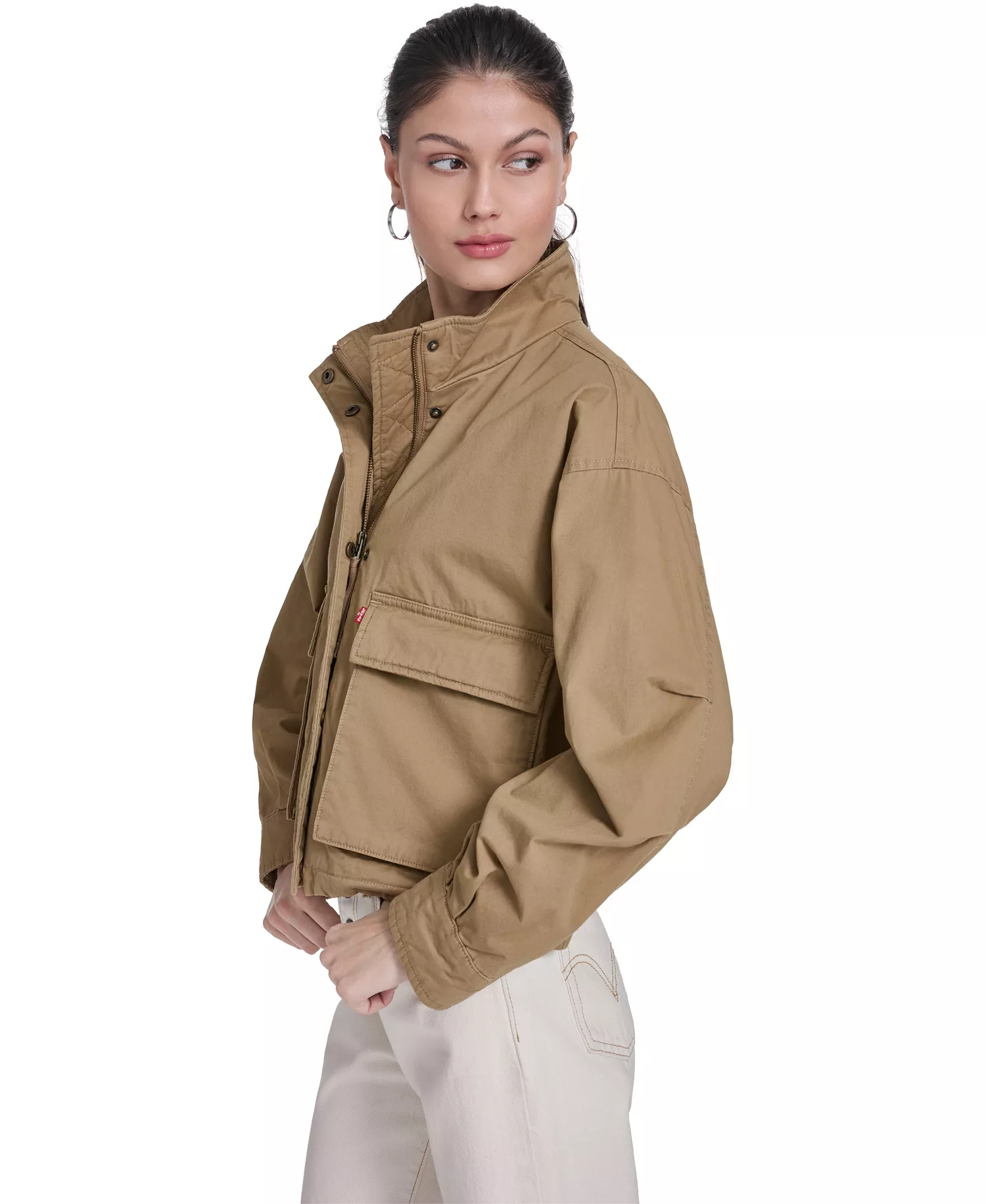 Women's Stand Collar Zipper Jacket - Camel - L