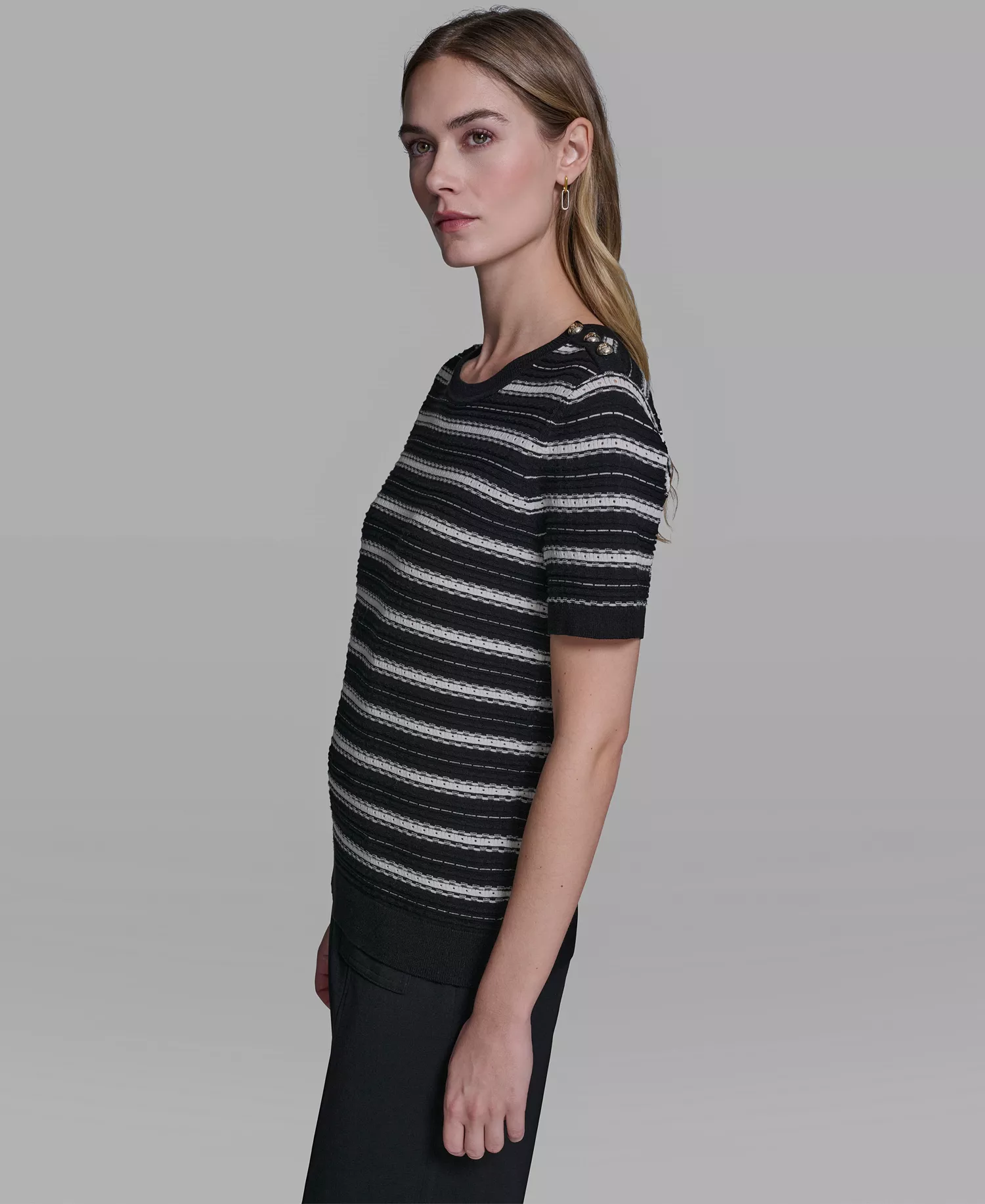 Women's Striped Crew Neck Pointelle Sweater - Black/bisque - L