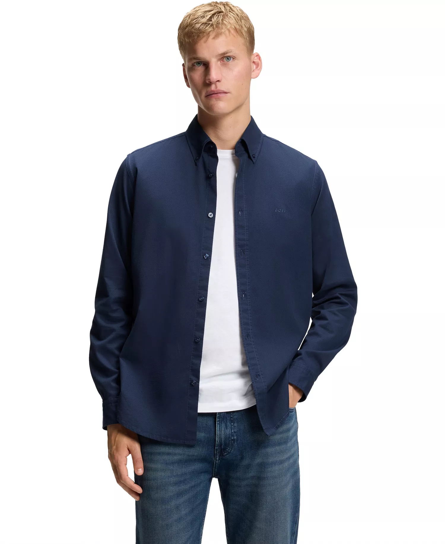 Men's Stretch-Cotton Dobby Regular-Fit Dress Shirt - Open Blue - L