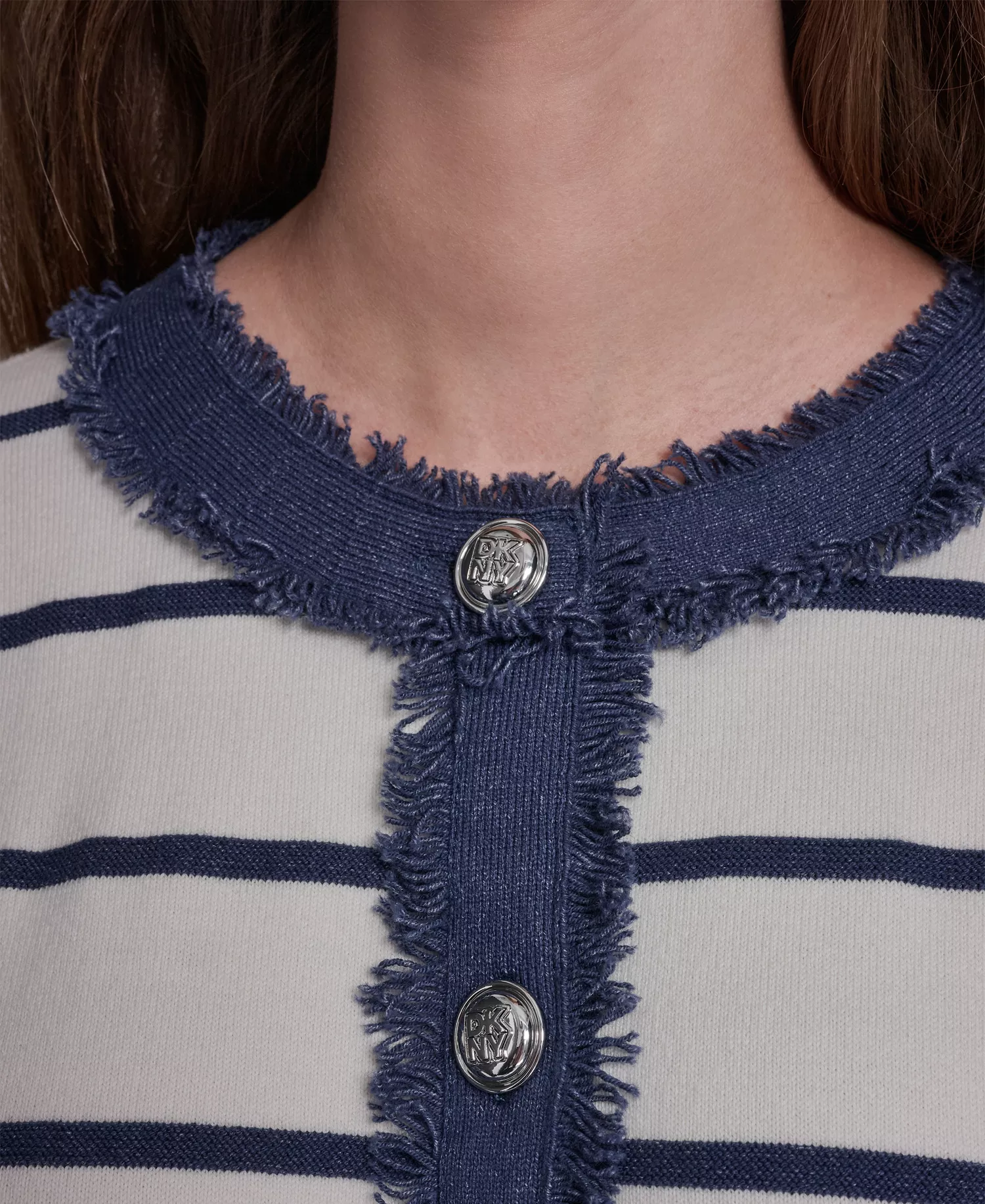 Petite Denim Fringe Crewneck Striped Cardigan - Eggnog/indigo - PL