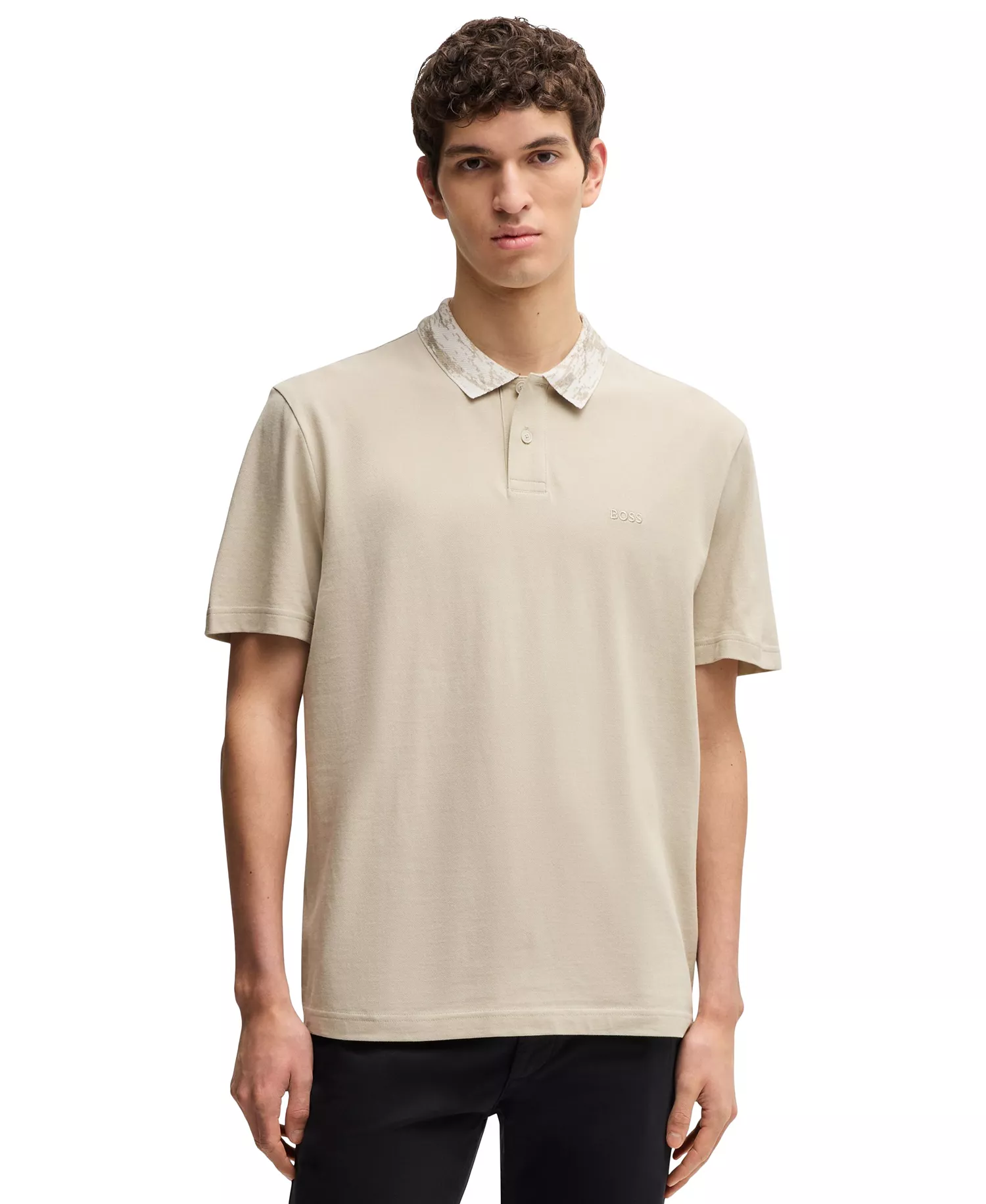 Men's Relaxed-Fit Cotton-Pique with Collar Artwork Polo Shirt - Open Beige - L