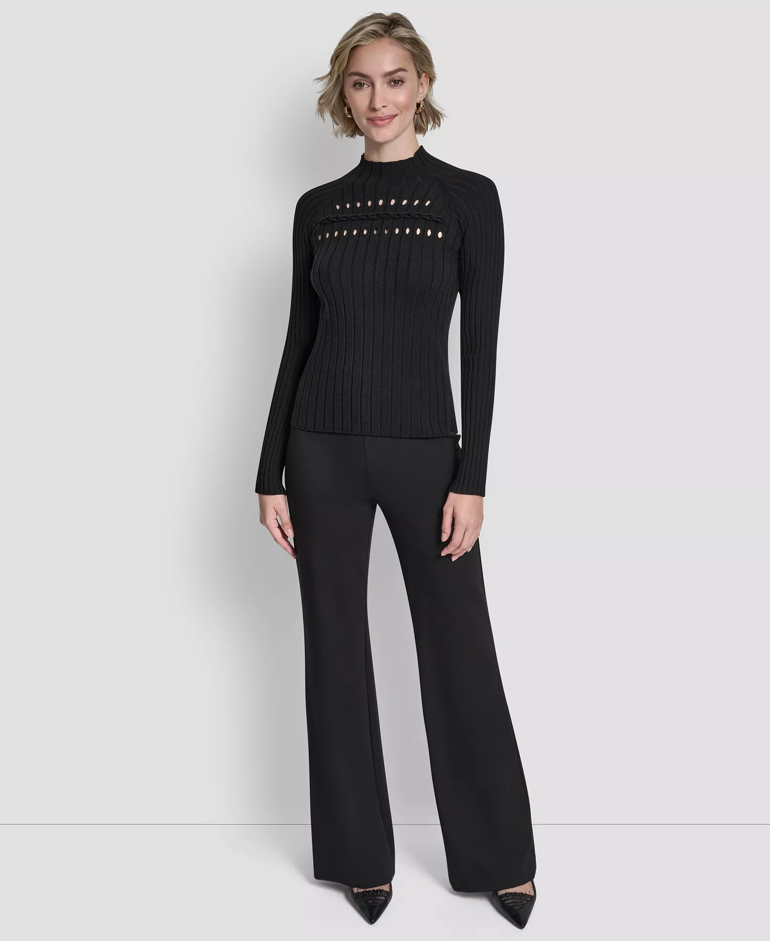 Women's Long-Sleeve Cord Detail Rib Sweater - Black - L