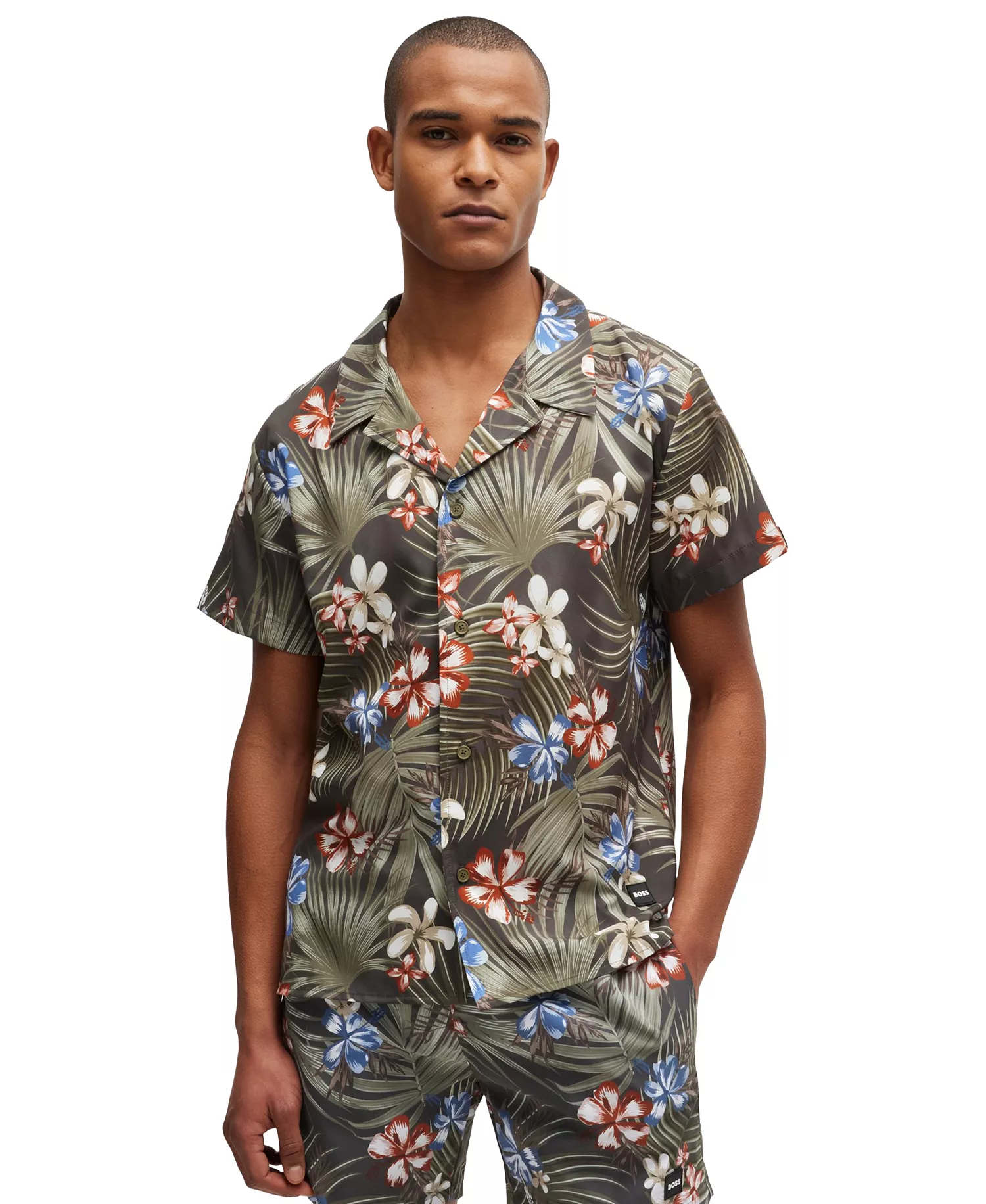 Men's Regular-Fit Printed Beach Shirt - Dark Beige - M