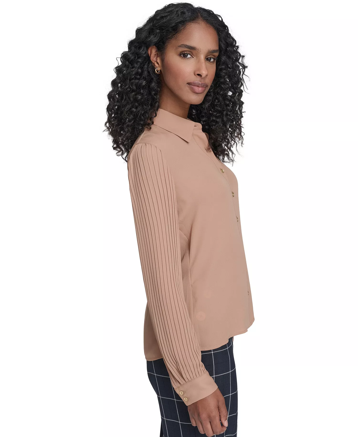 Women's Pleated Sleeve Button-Up Blouse - Brown Sugar - L