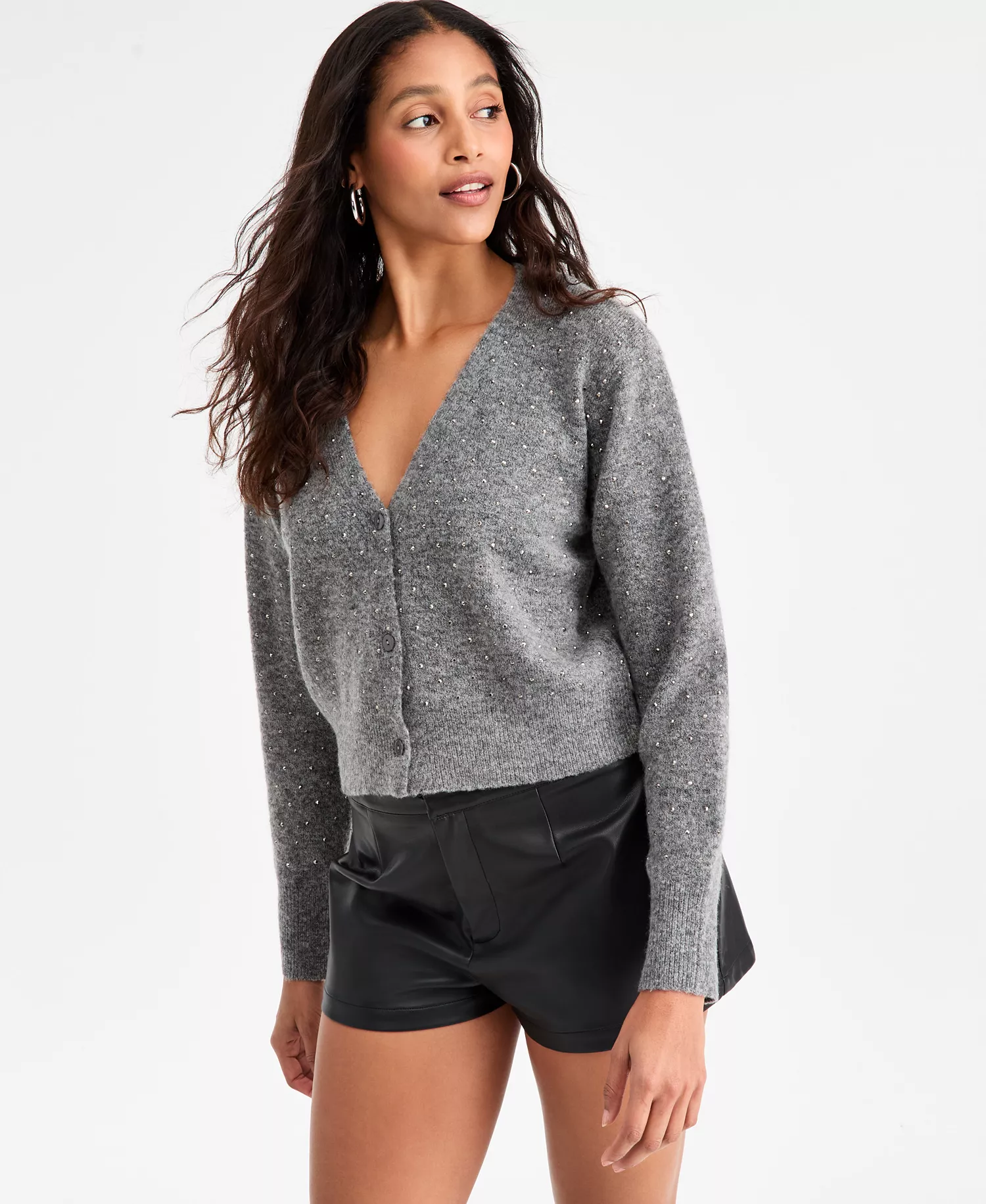 Women's Studded V-Neck Cardigan Sweater, Macy's Exclusive - Grey - L