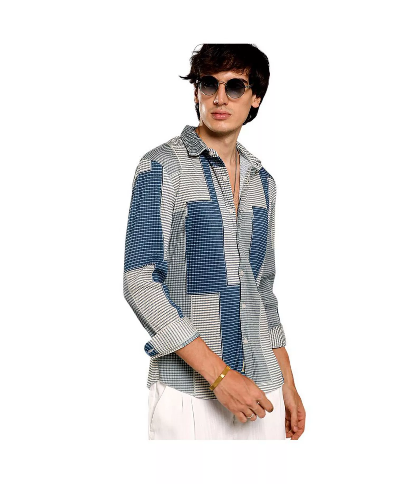 Men's Cloud Grey & Lapis Blue Retro-Pleat Shirt - Blue - L