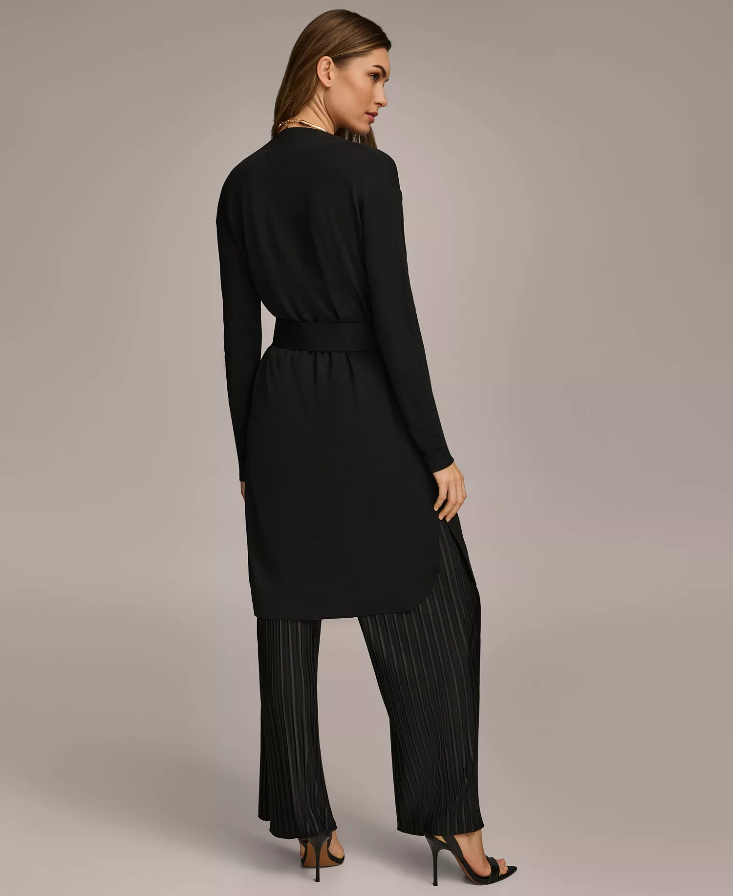 Women's Tie Waist Long Cardigan - Black - L