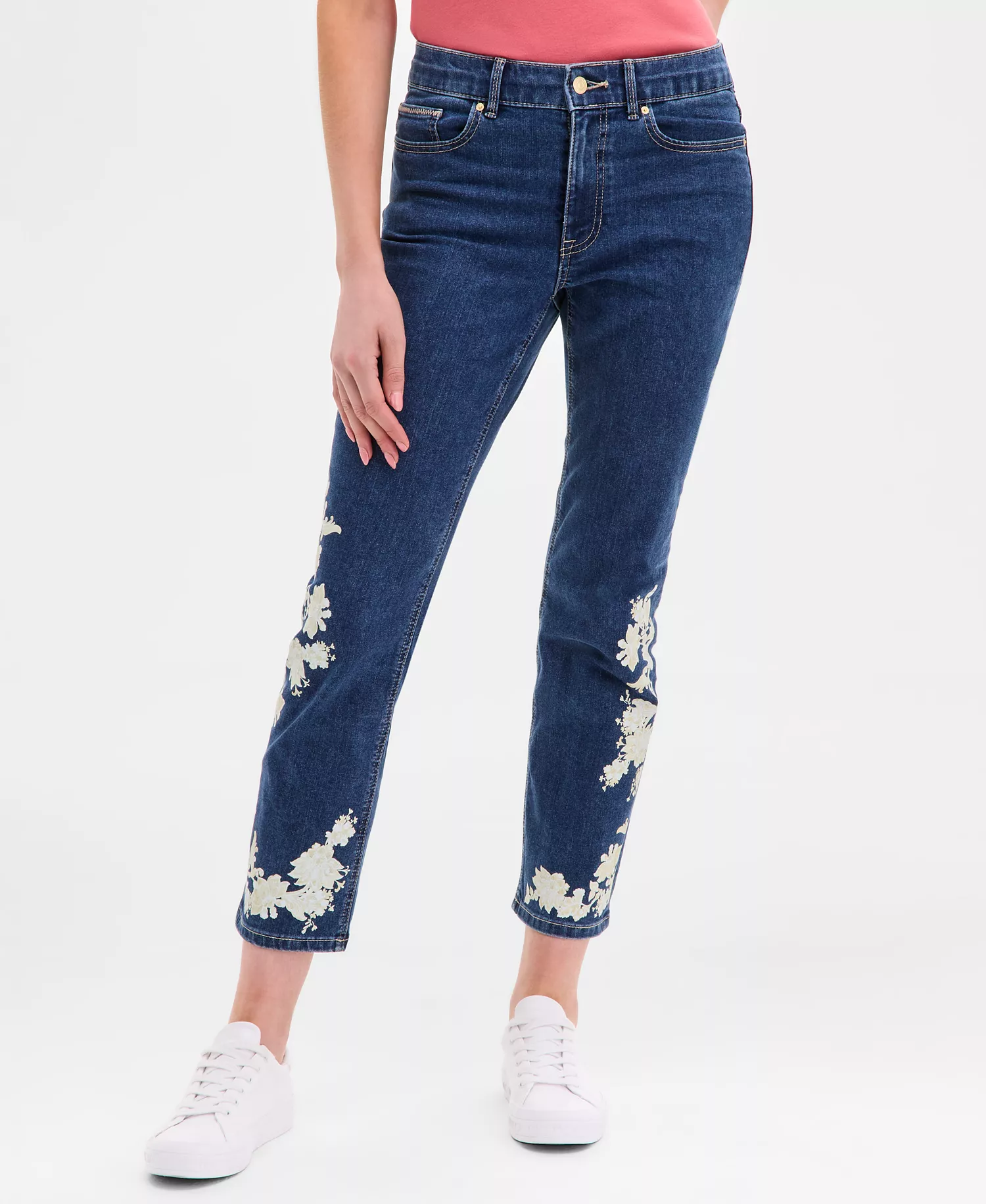Women's Floral-Trim Straight-Leg Ankle Jeans - Ws 005- Niagara Wash - 8