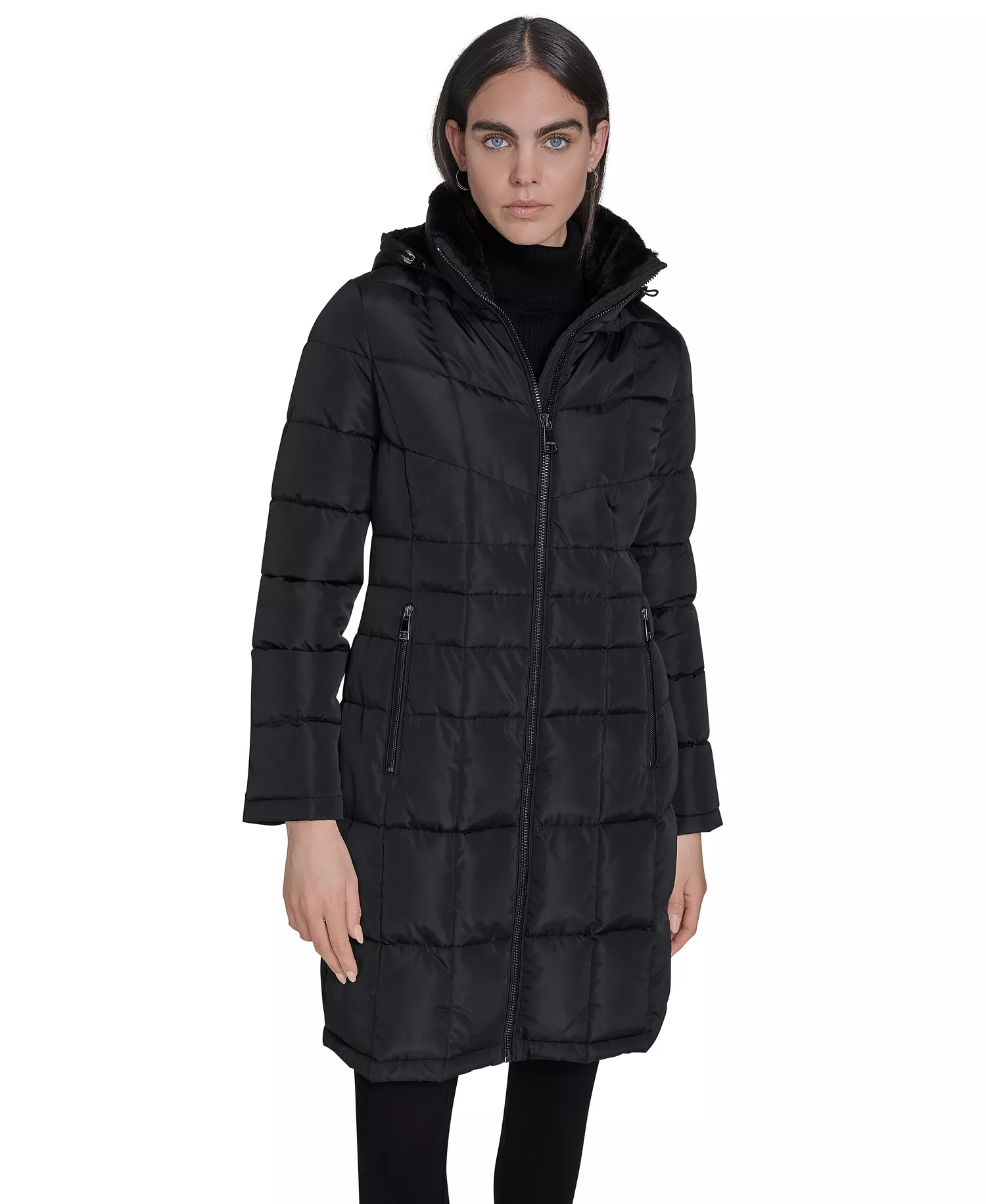 Women's Hooded Stand Collar Puffer Coat - Black - L