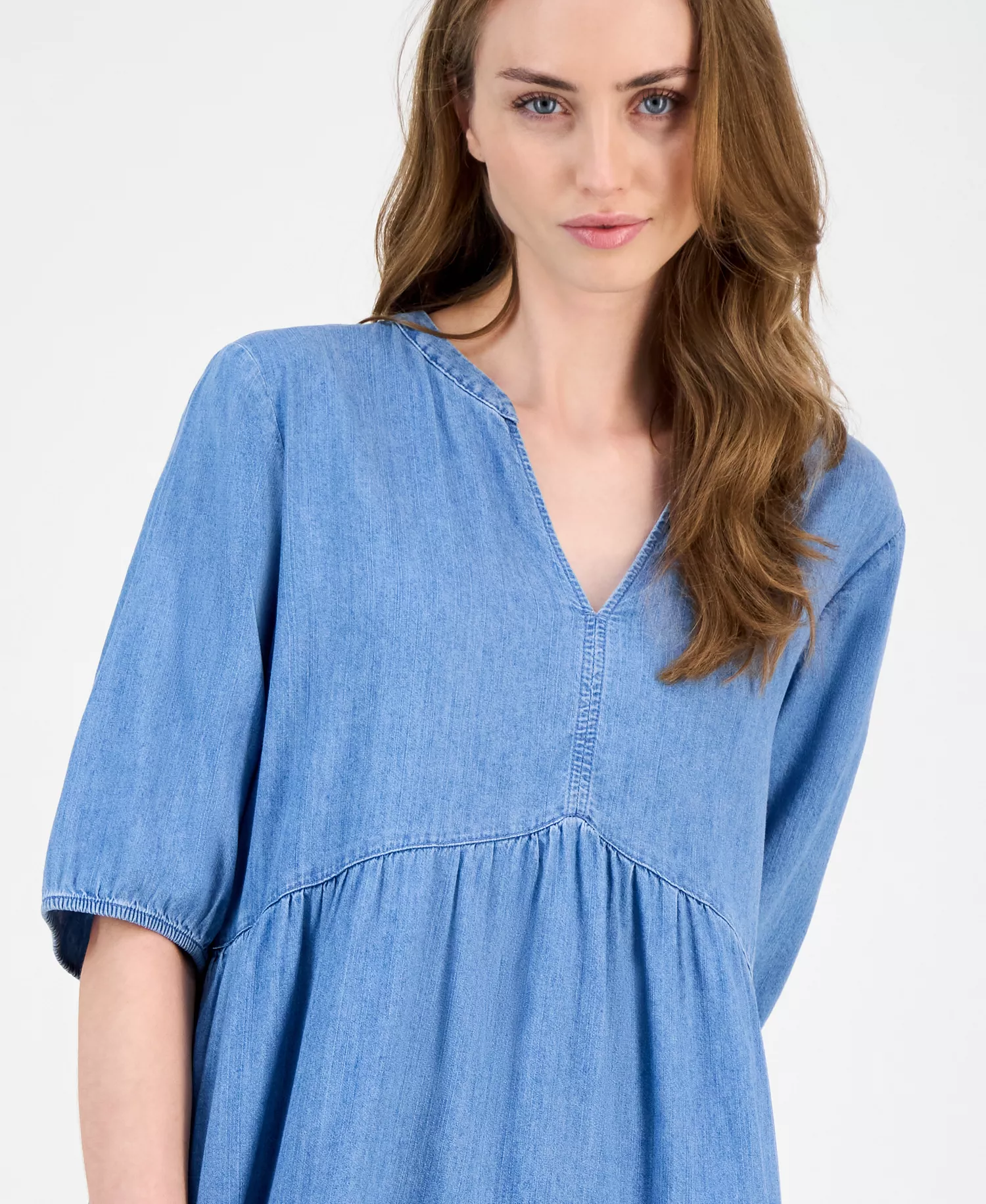 Women's V-Neck Tiered Chambray Dress - Lt Benson - XS