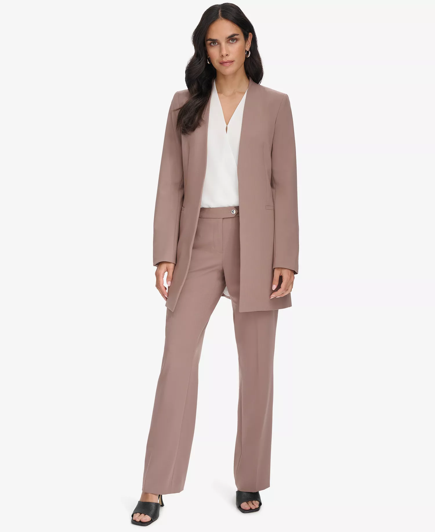 Women's Open Front Topper & Straight Leg Pants Suit Separates - Cocoa - 0