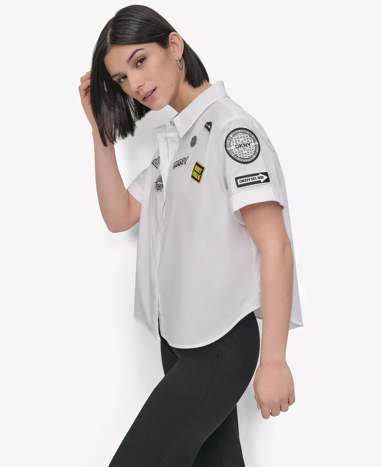 Women's Cotton Collared Pins & Patch Blouse - White - L