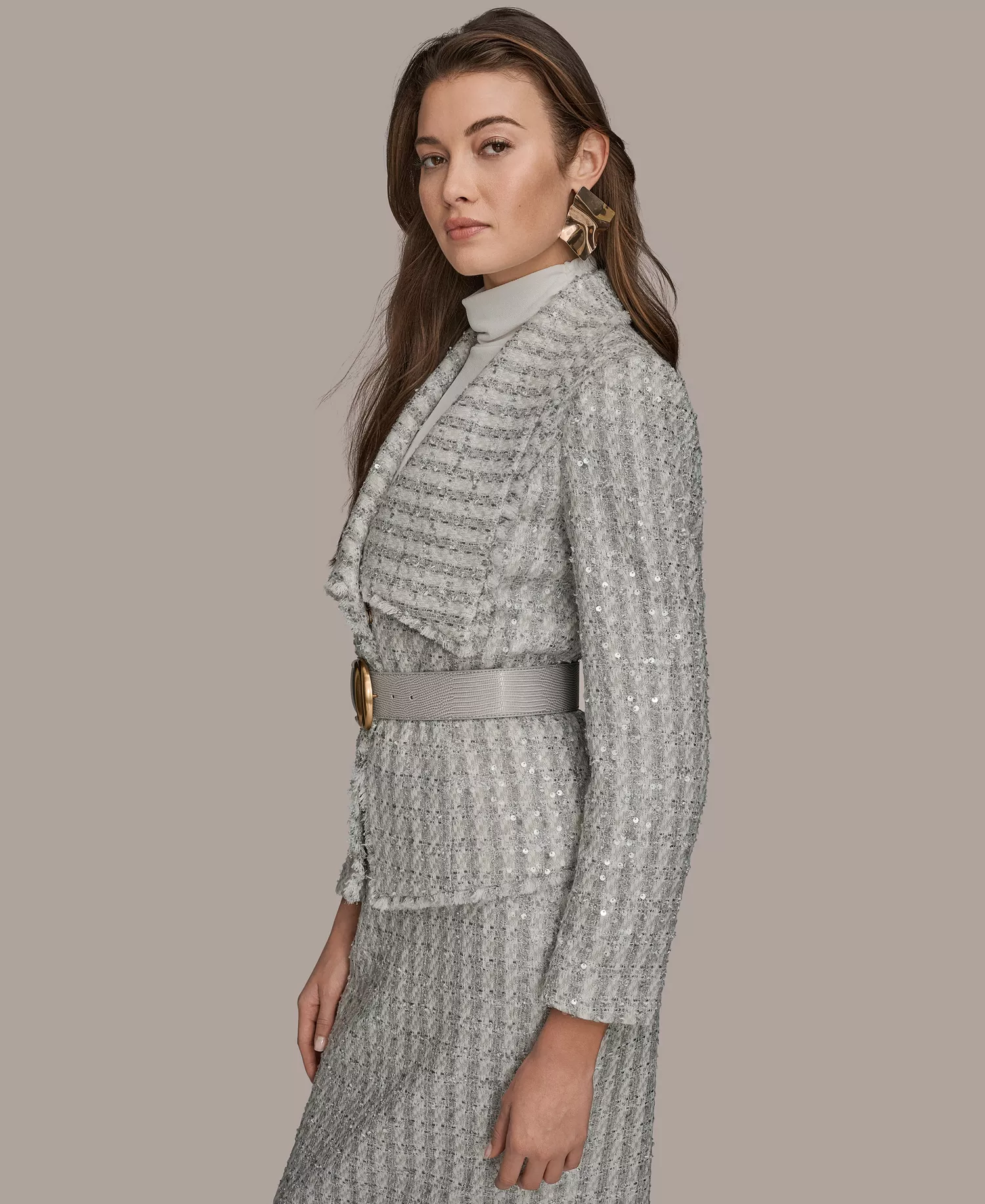 Women's Draped Lapel Collar Belted Sequin Detail Jacket & Pencil Midi Skirt and Printed TurtleNeck Top - Light Vapor Multi - 0