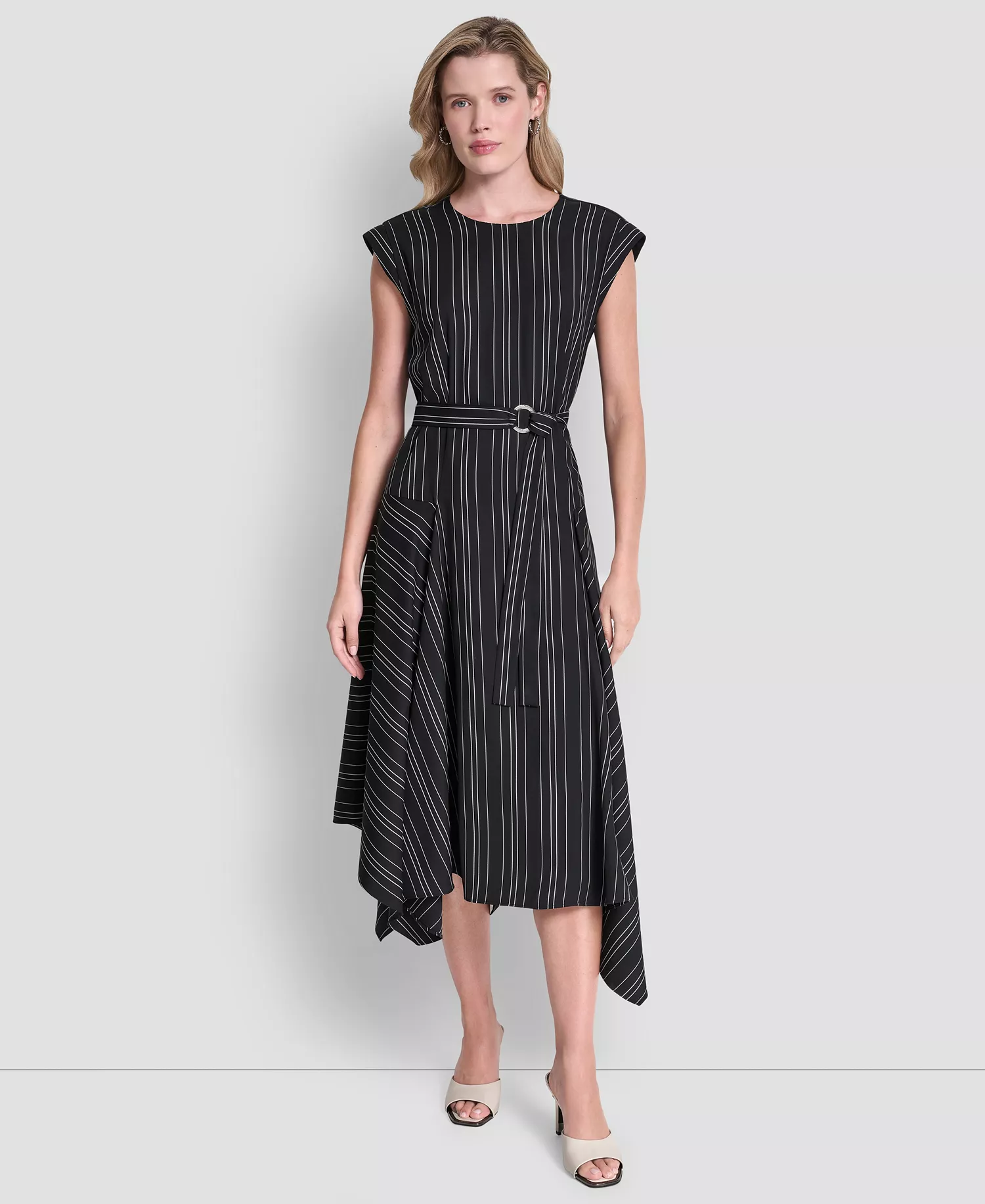 Women's Cap-Sleeve Asymmetric Hem Midi Dress - Black/Ivory - 10