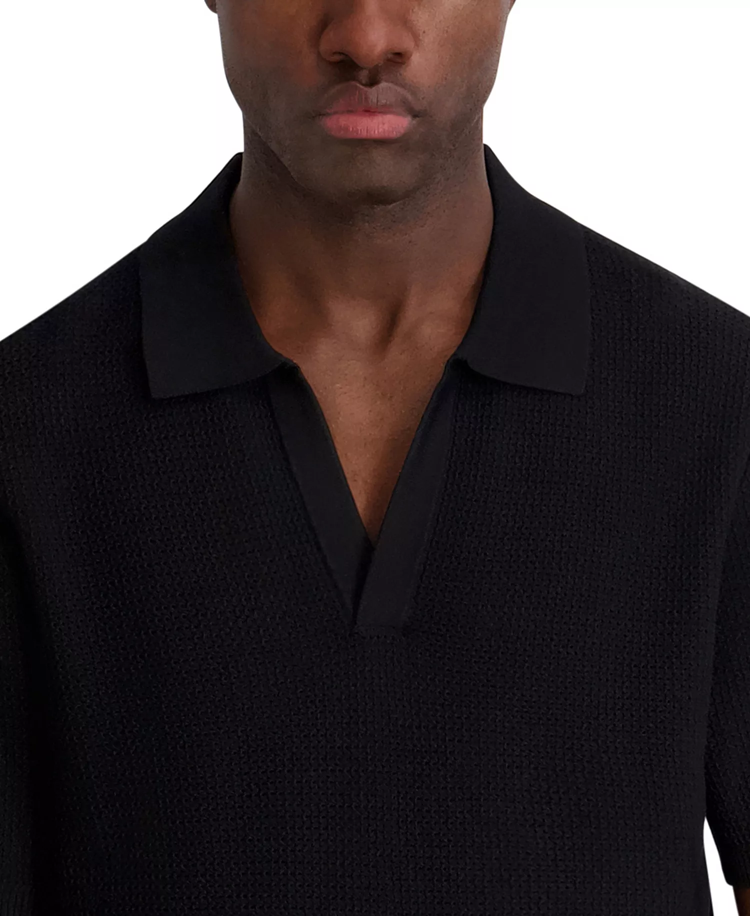 Men's Open Weave Johnny Collar Polo Shirt - Black - 2XL