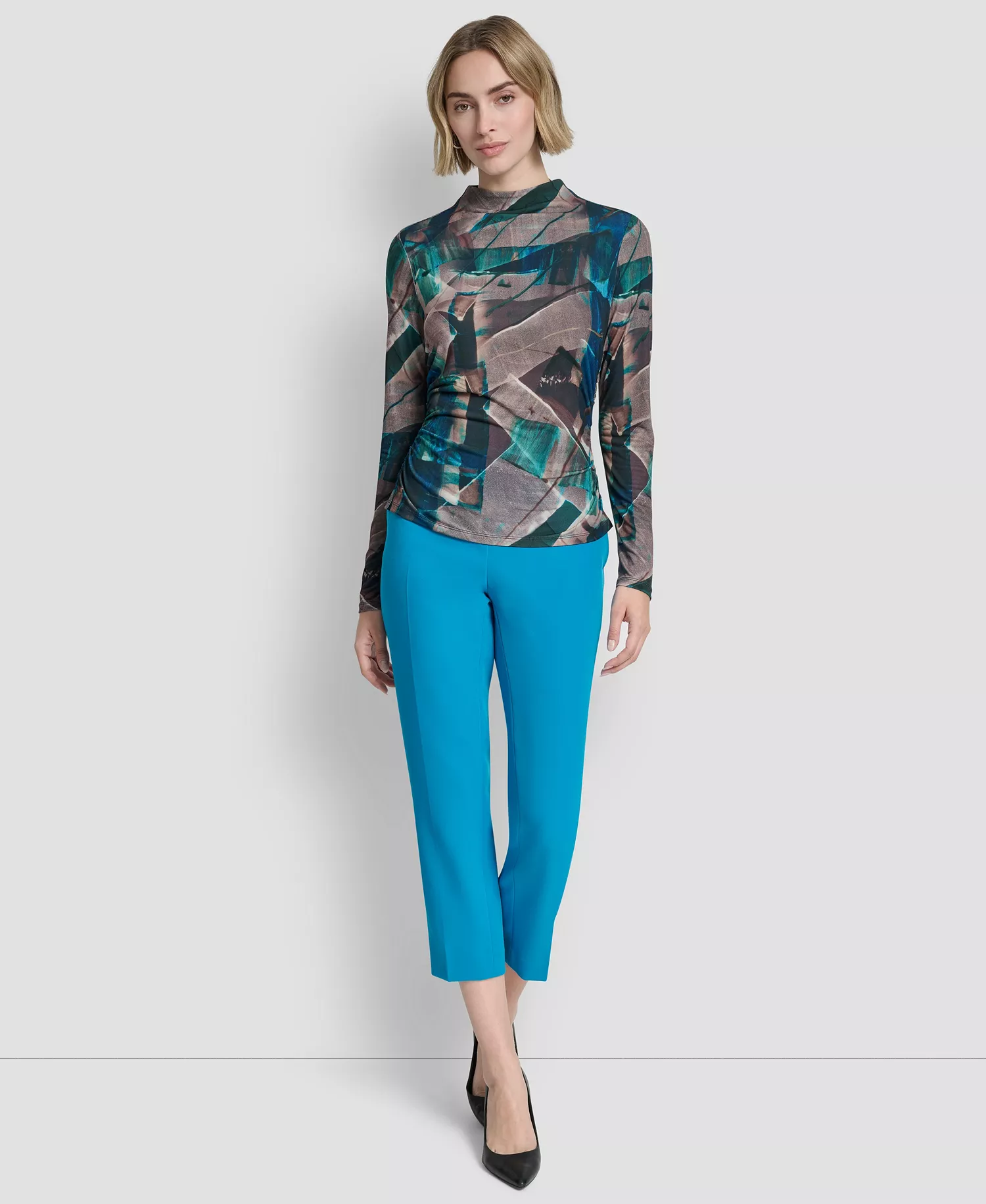 Women's Mock Neck Long Sleeve Top - City Taupe/ocean Blue Multi - L