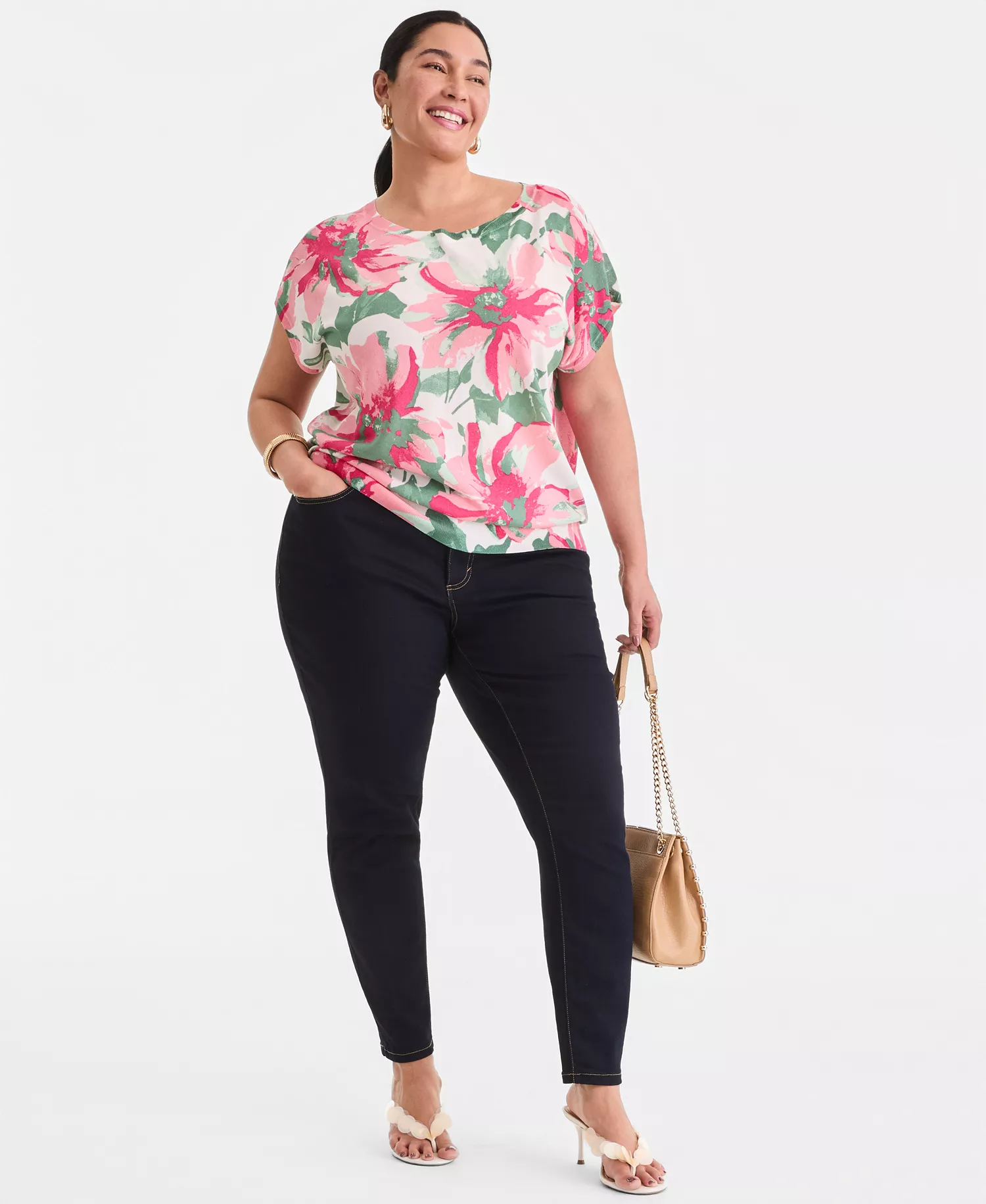 Plus Size Printed Wide-Neck Dolman-Sleeve Sweater, Created for Macy's - Farrah Bouquet - 0X