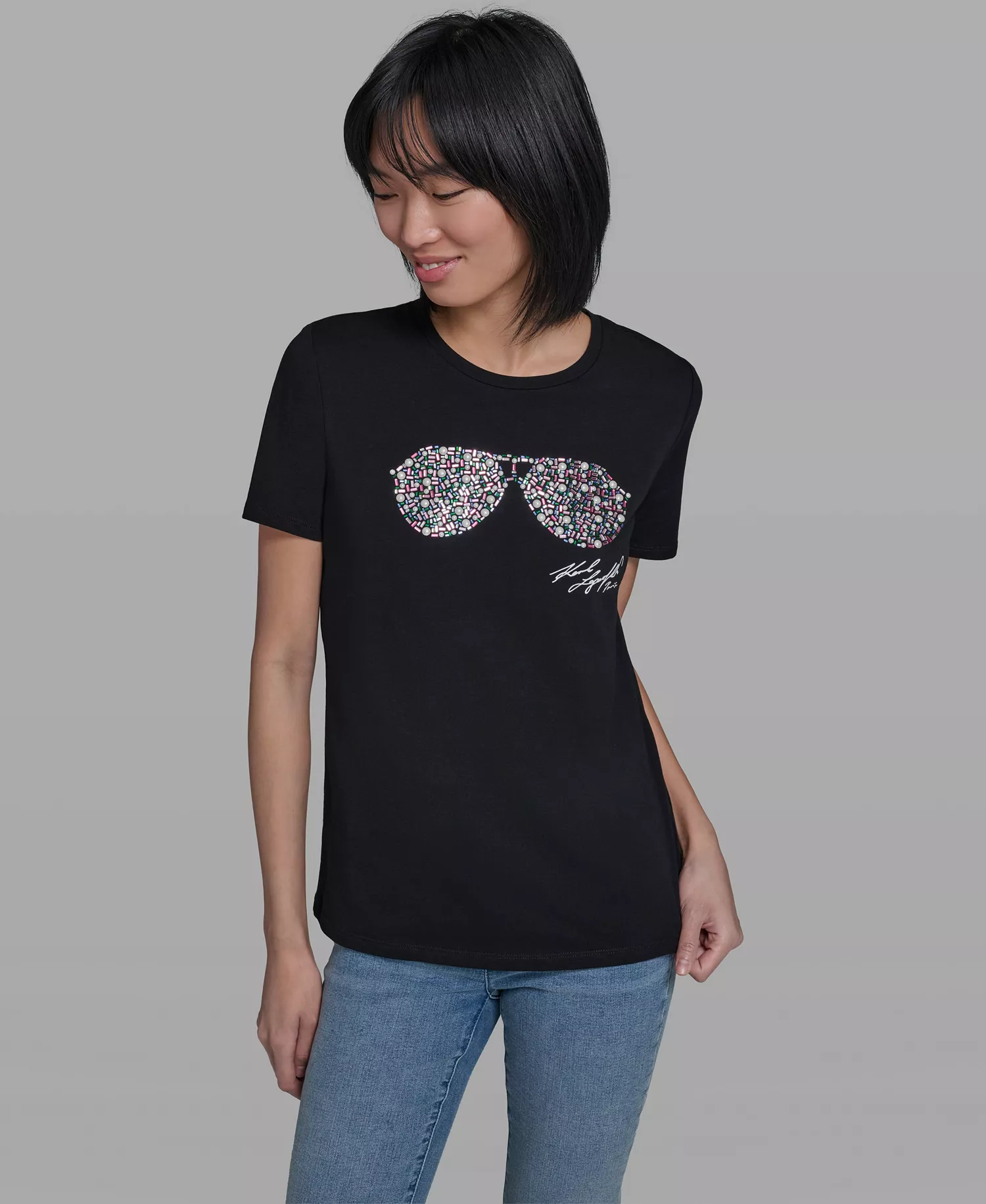 Women's Crew Neck Multi Jeweled Sunglass T-Shirt - Black - L