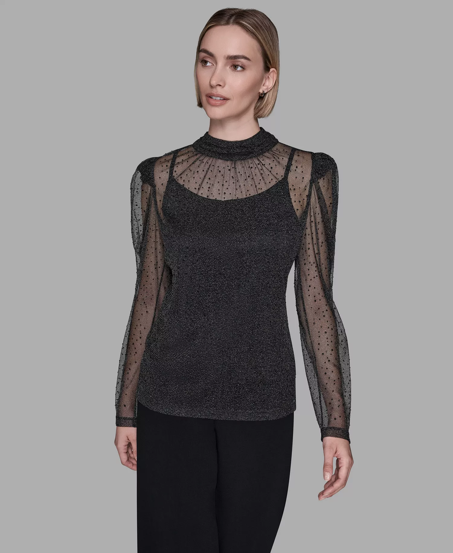 Women's Metallic Mesh High Neck Top - Black - S