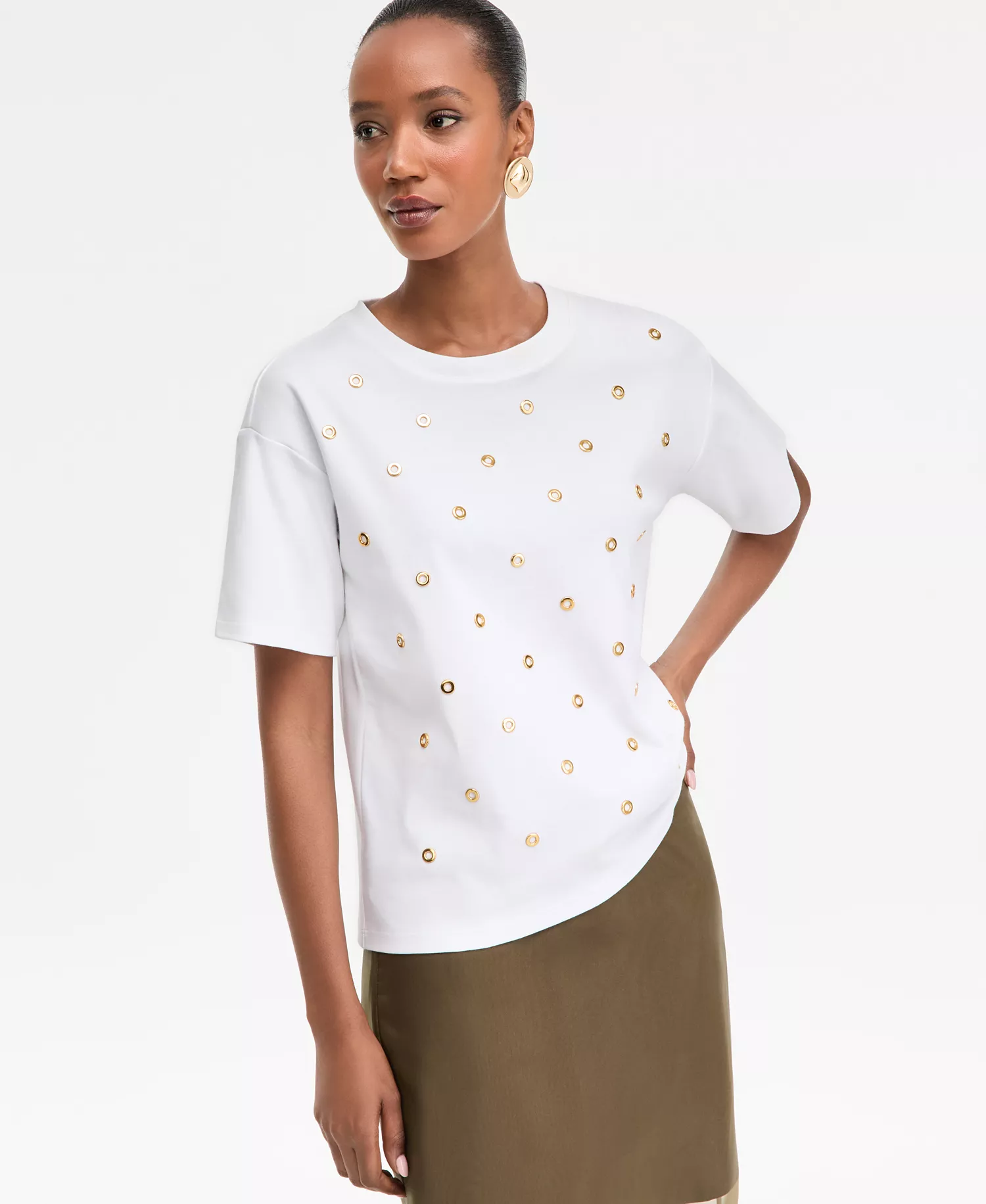 Women's Short-Sleeve Grommet Top, Macy's Exclusive - Bright White - L