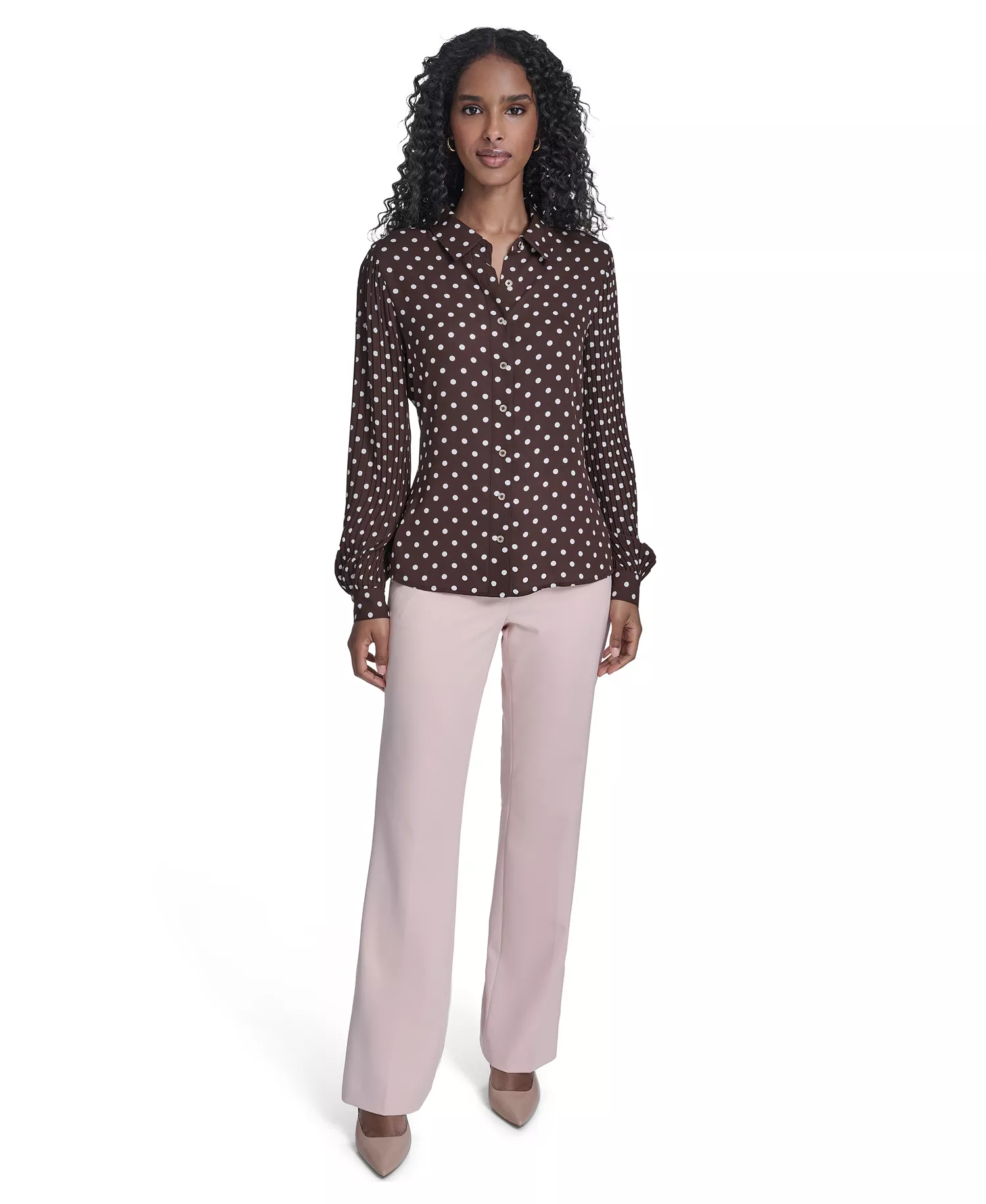 Women's Dot Pleated-Sleeve Button-Up Top - Chicory/ Ivory - L