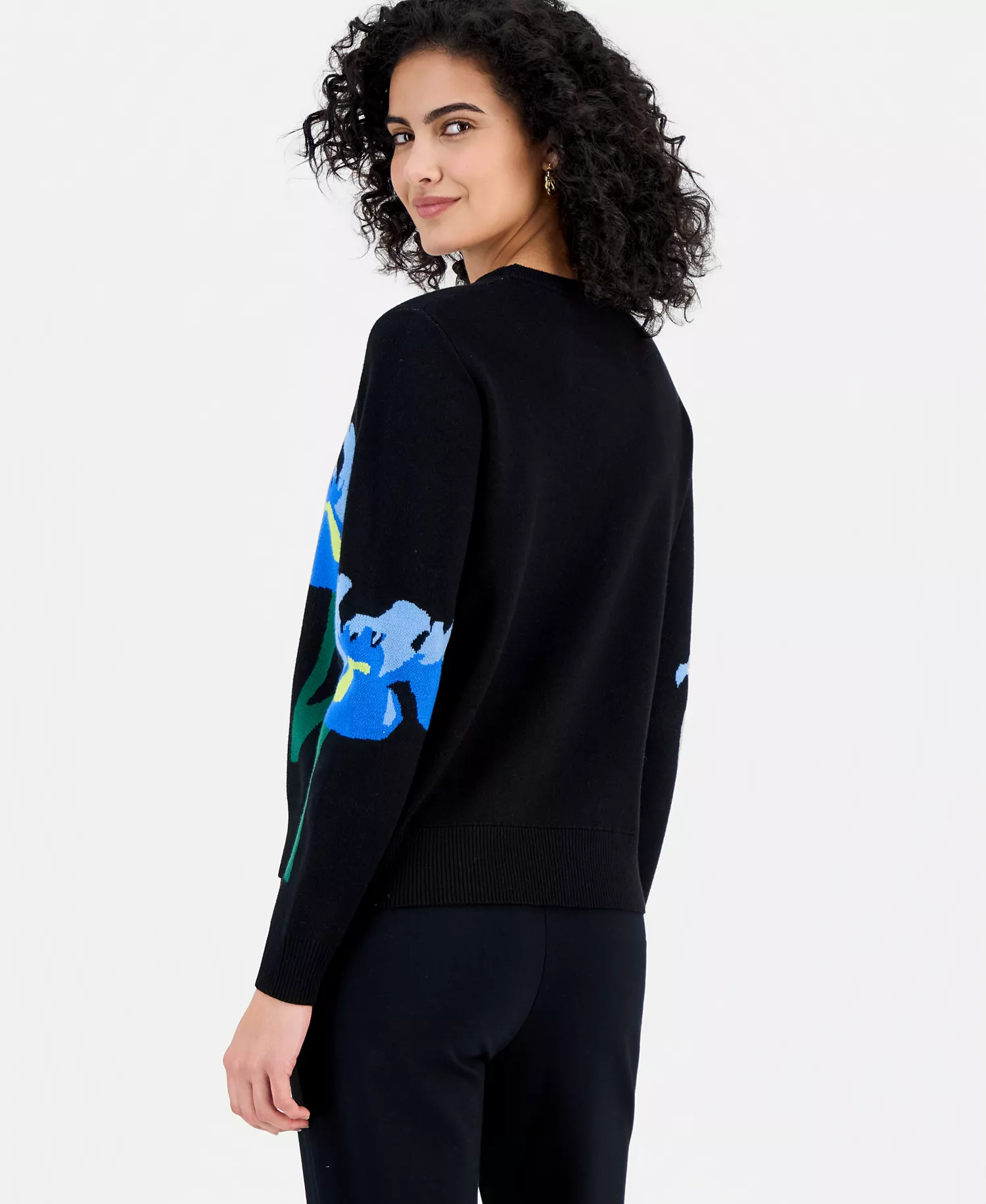 Women's Flower Jacquard Crewneck Sweater - Black Blue - L