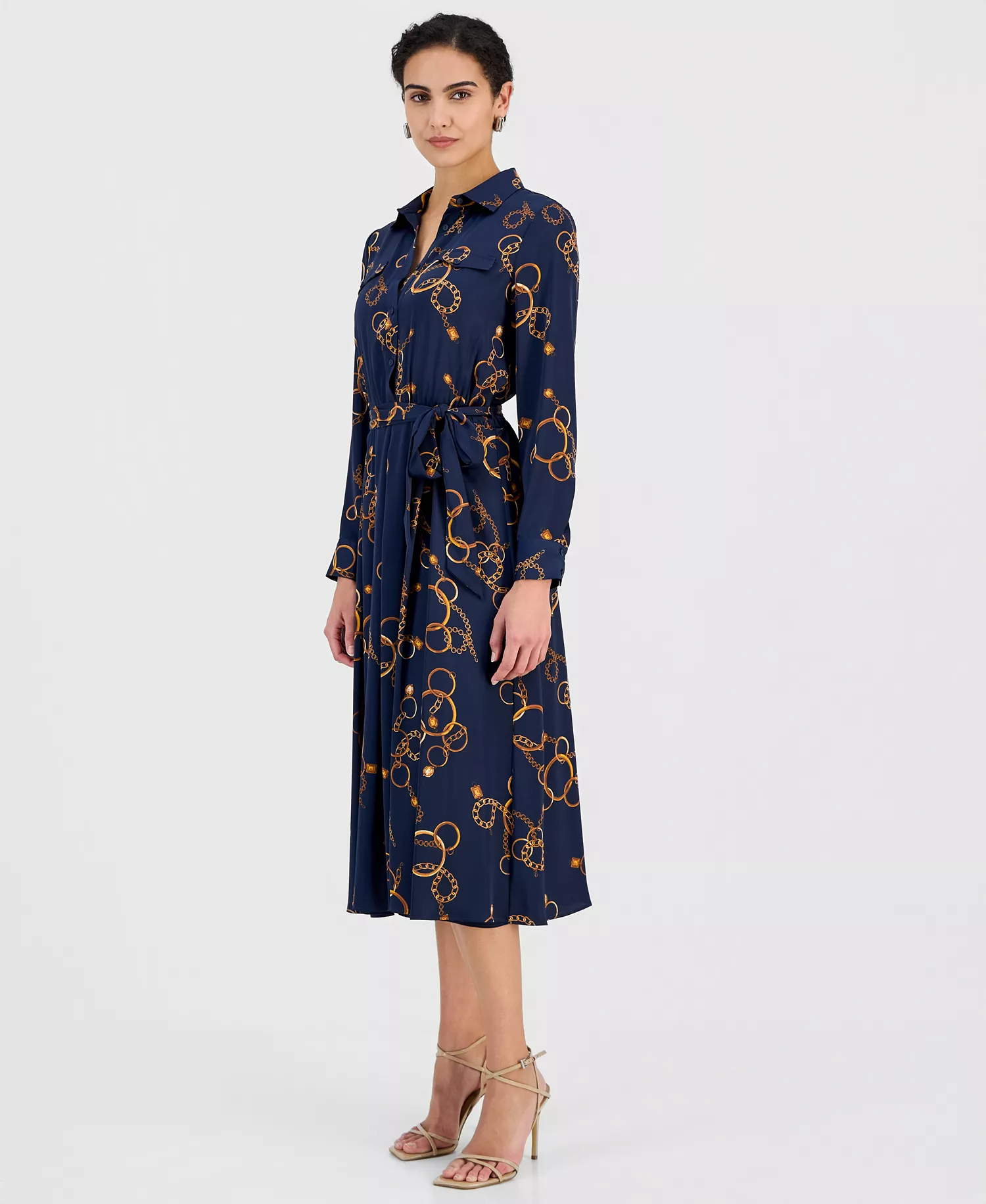 Women's Printed Belted Midi Dress - Golden Bracelet Print - M